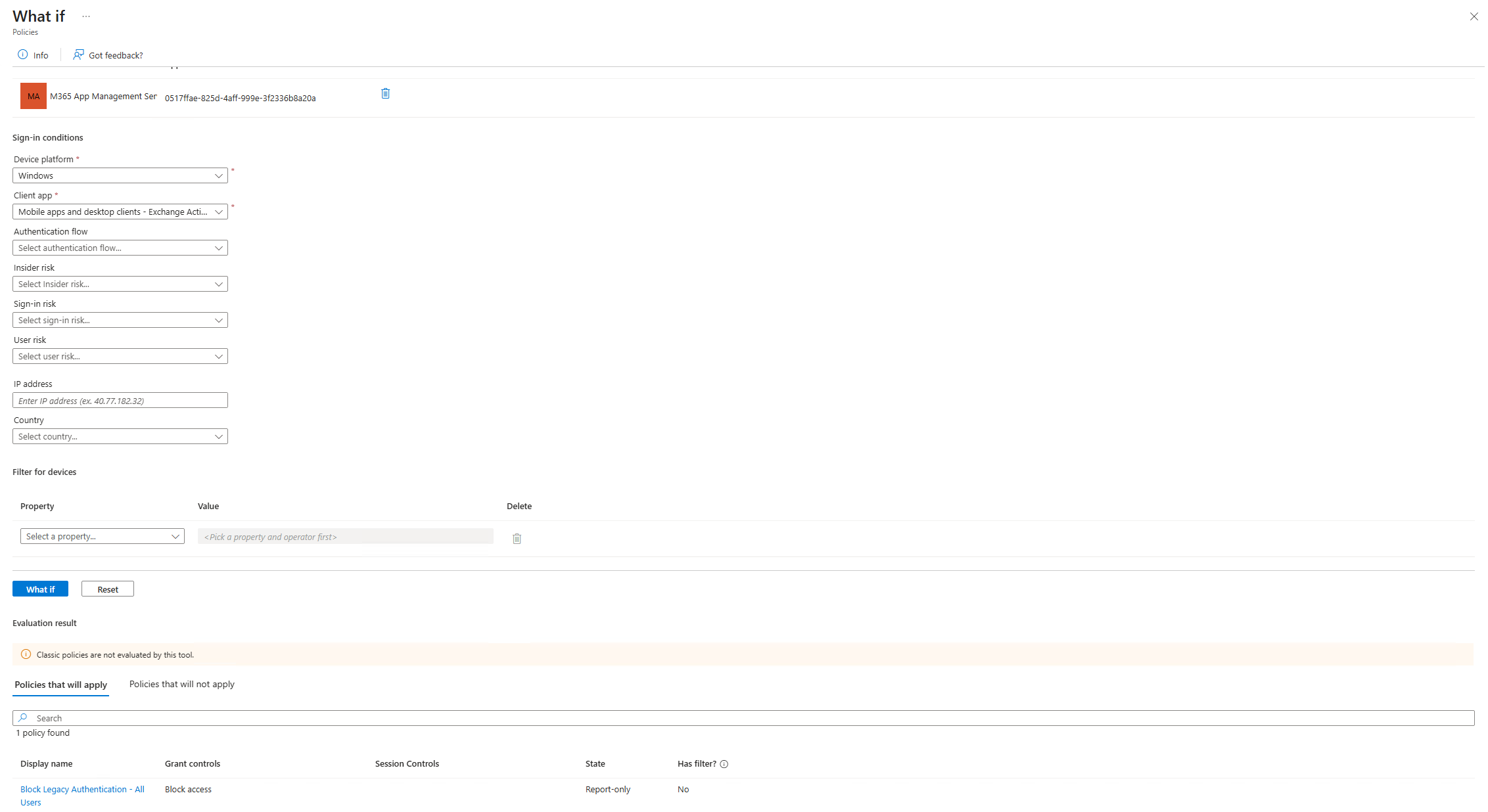 What-If tool showing policy would block