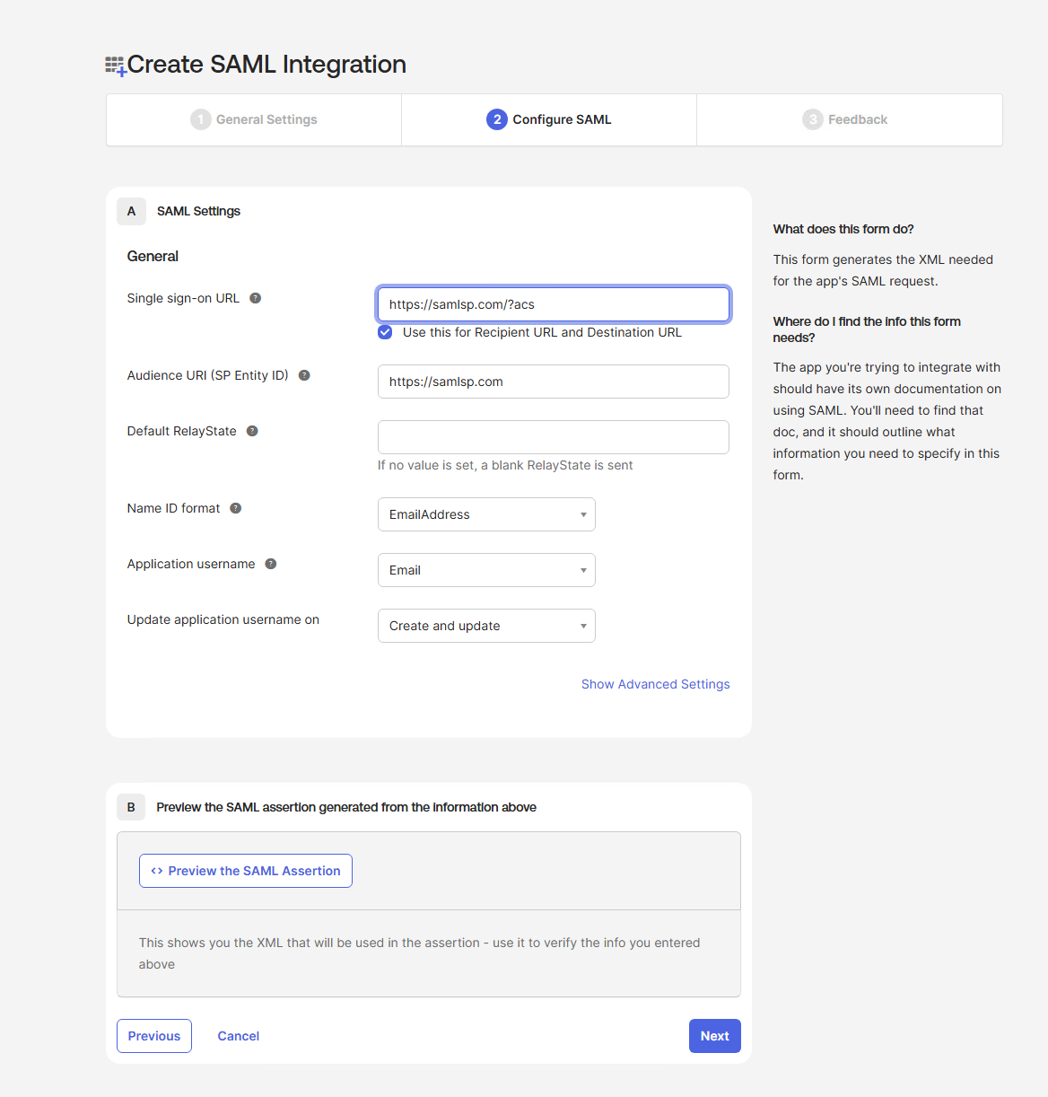 Okta SAML settings configured