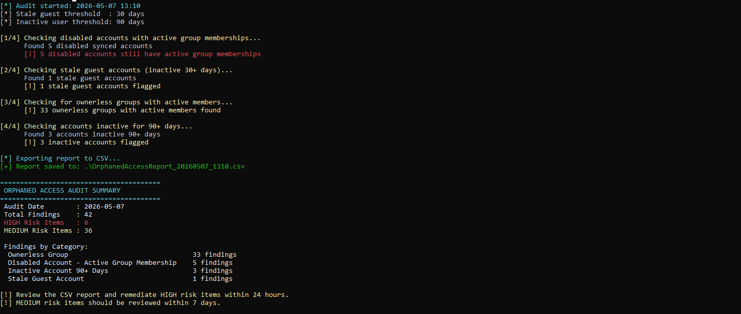Audit script output — 42 findings across 4 categories