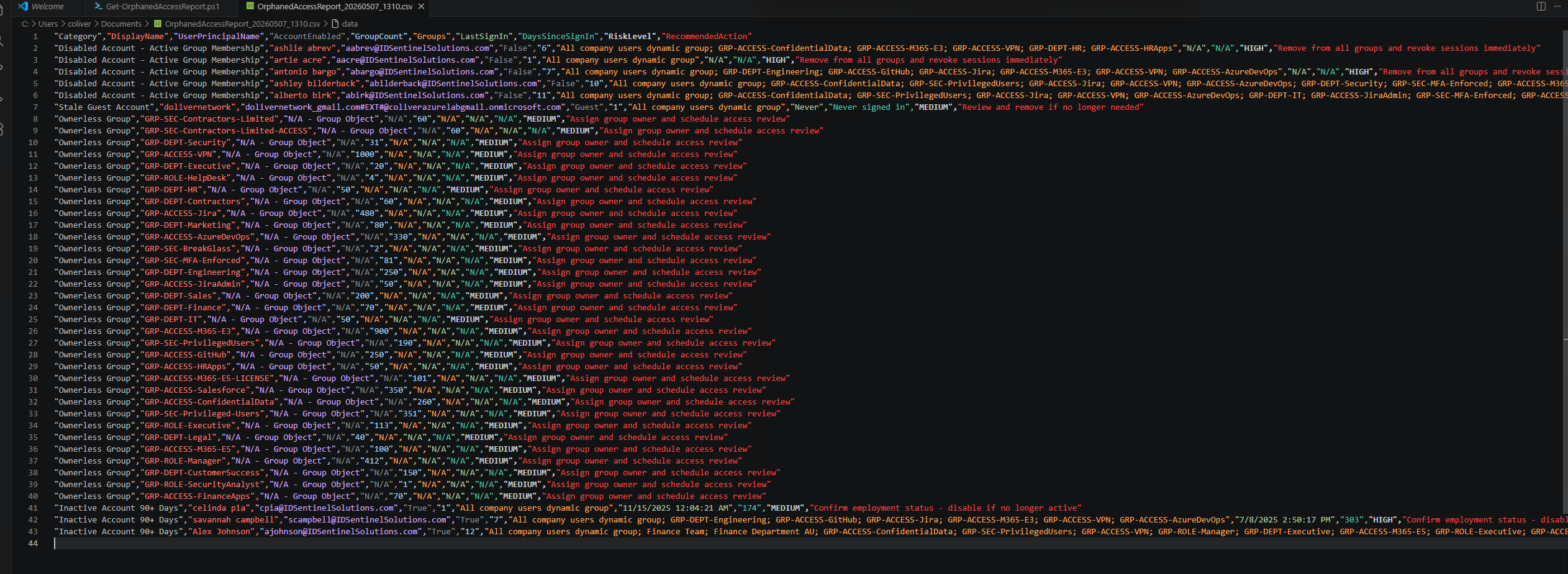 CSV report exported for compliance documentation