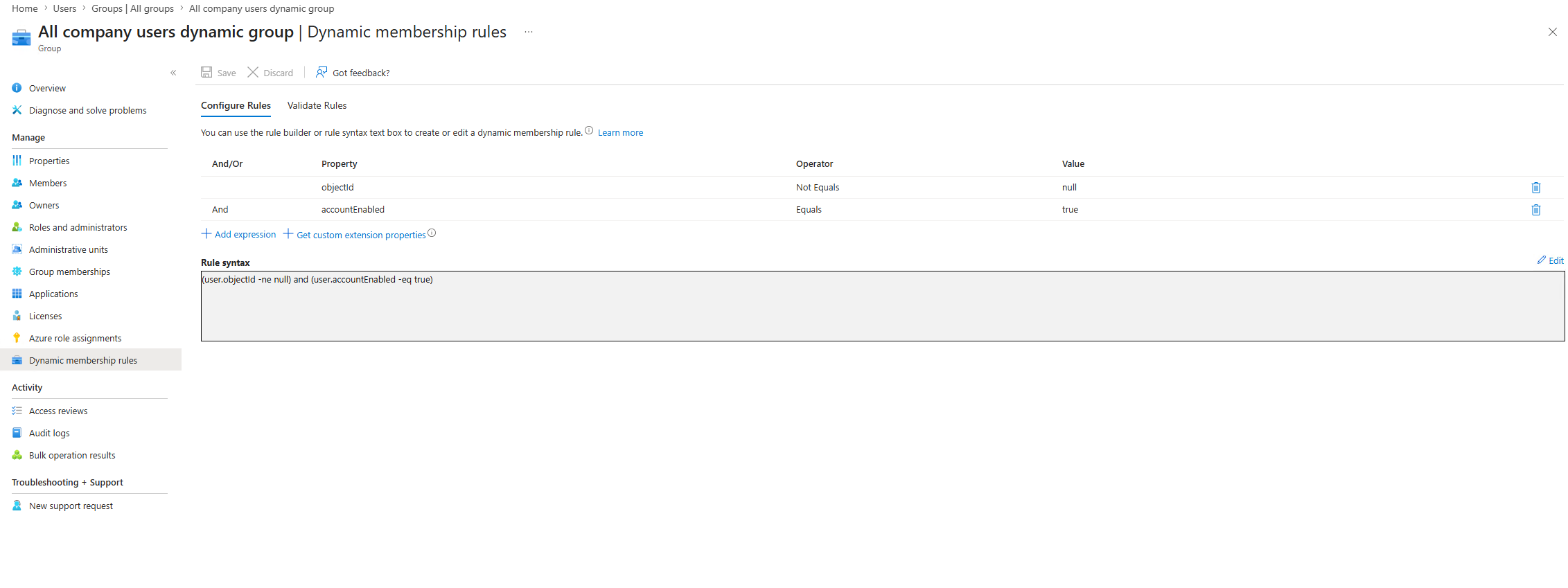 Dynamic group rule updated to exclude disabled accounts