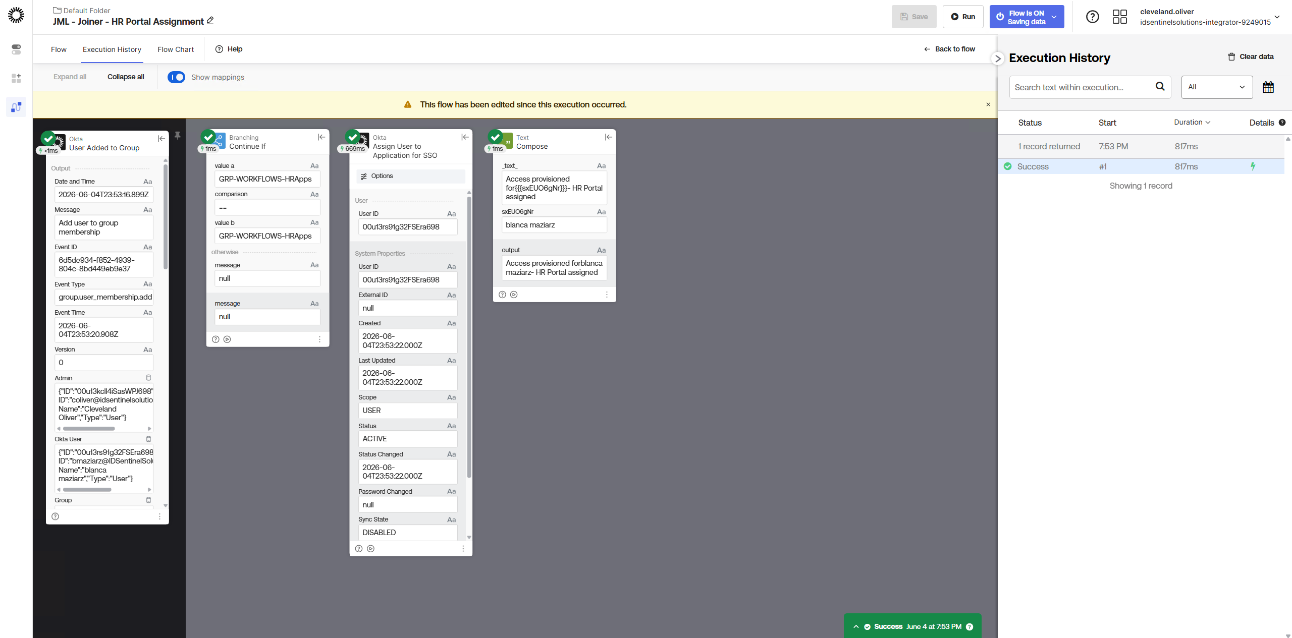 Joiner flow execution log — successful run