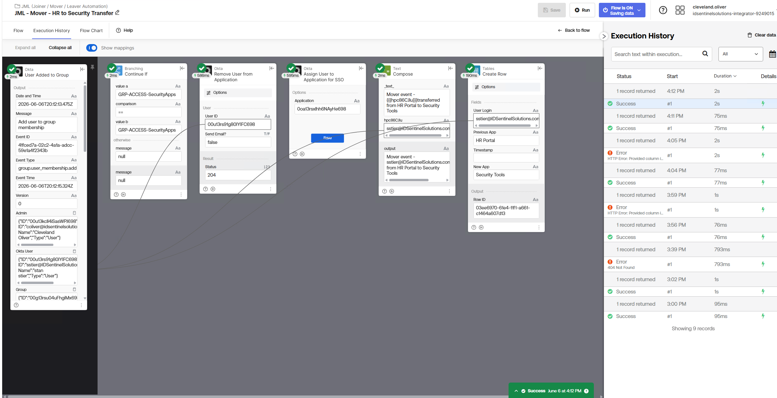 Mover flow execution log — successful run