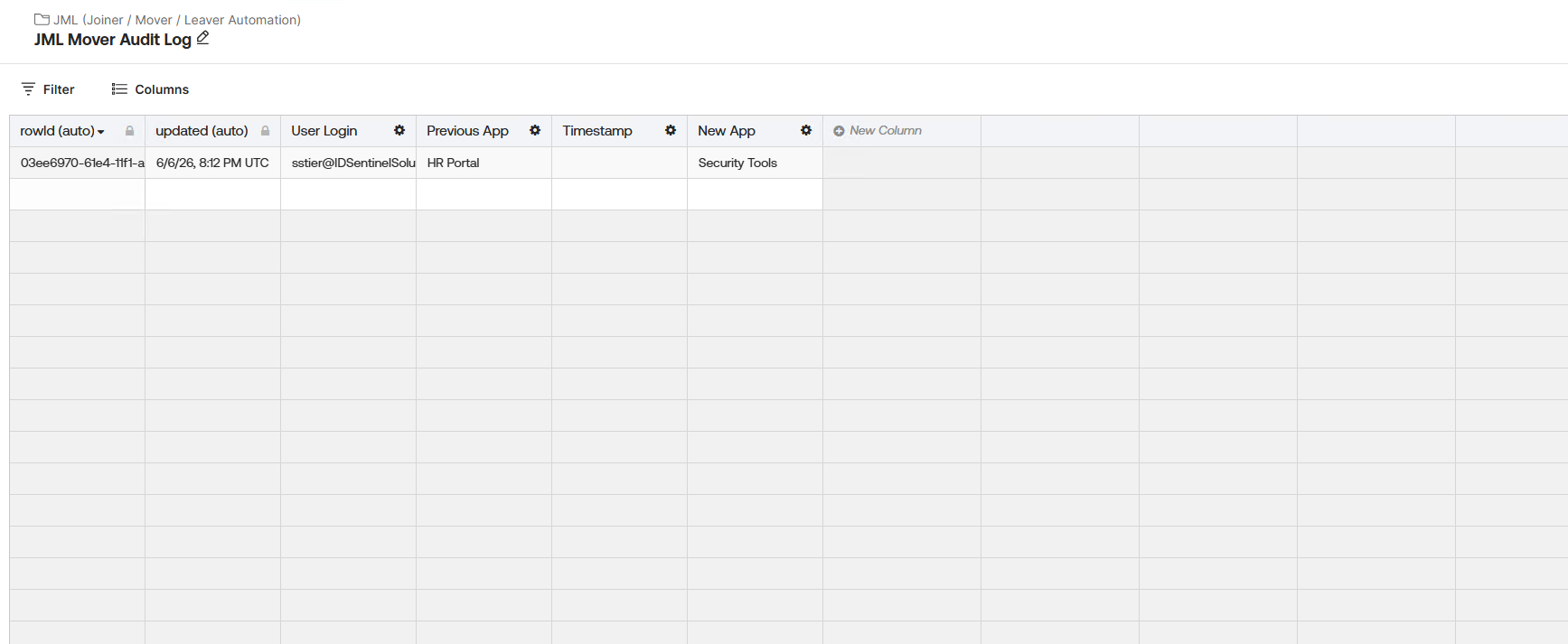 JML Mover Audit Log — timestamped row