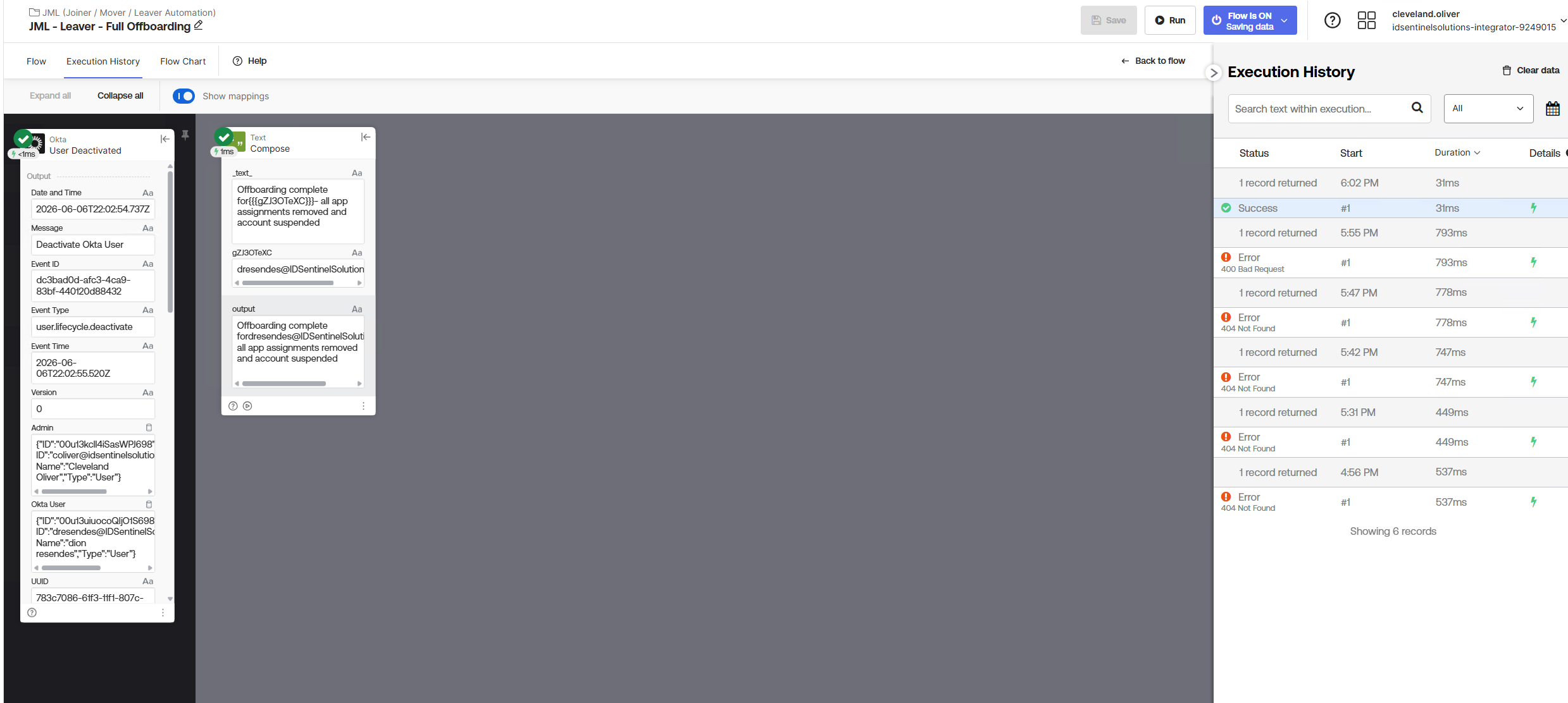 Leaver flow execution log — successful run