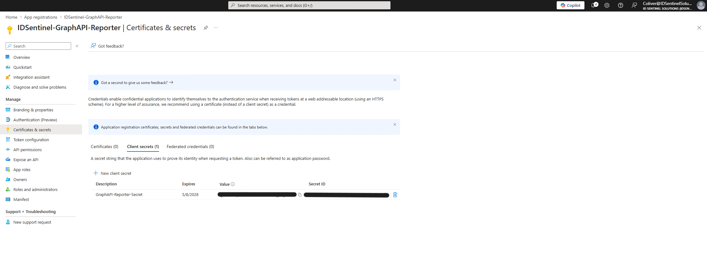 Client secret generated for service principal authentication
