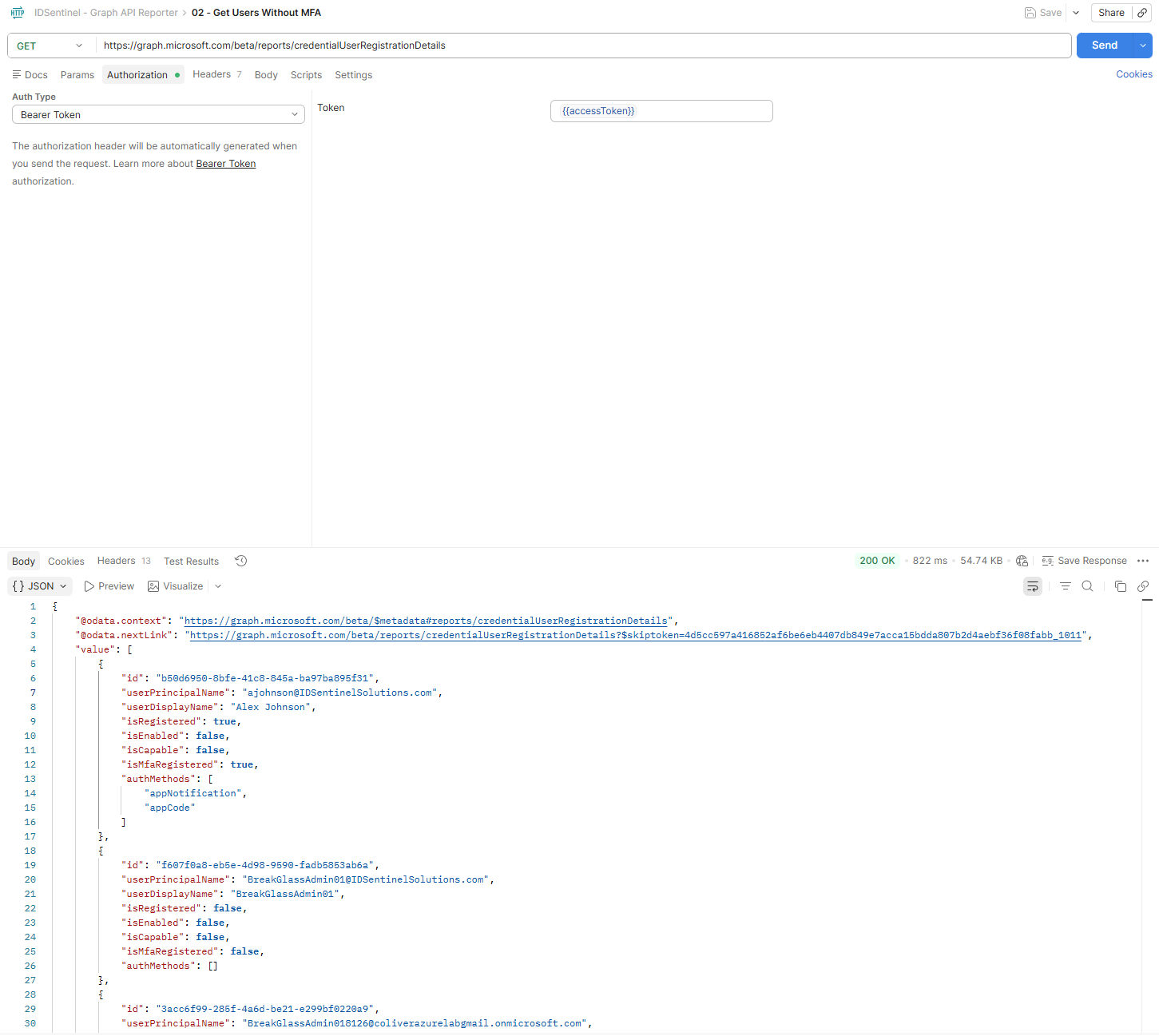 Postman — MFA registration report response