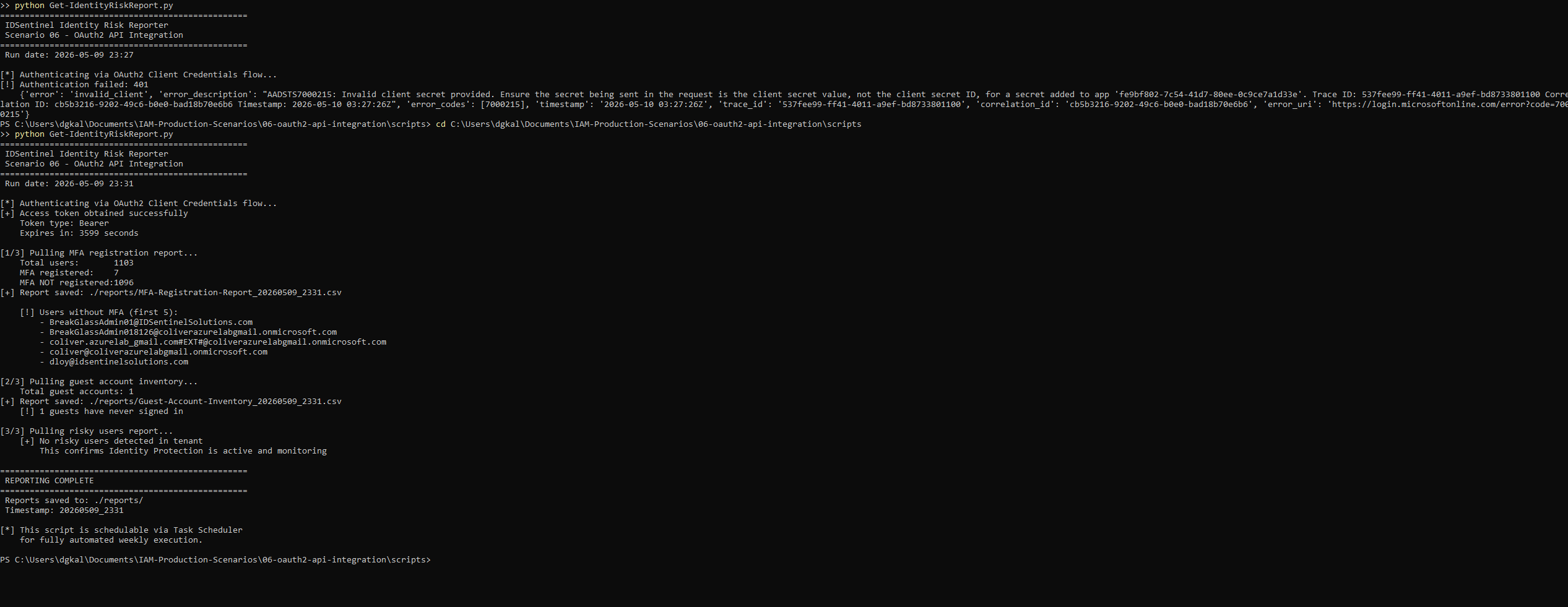Python script execution — all reports retrieved