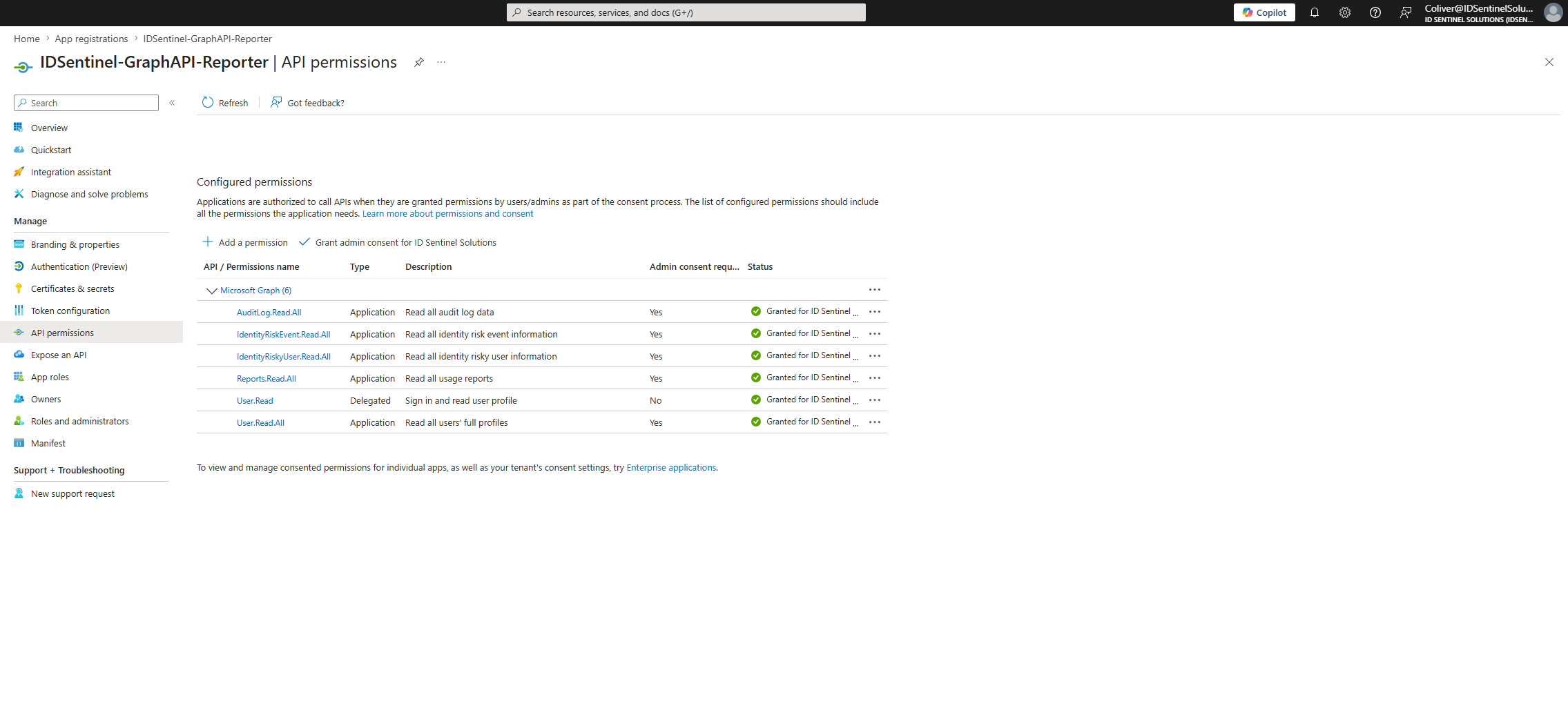 App registration updated with risk investigation permissions