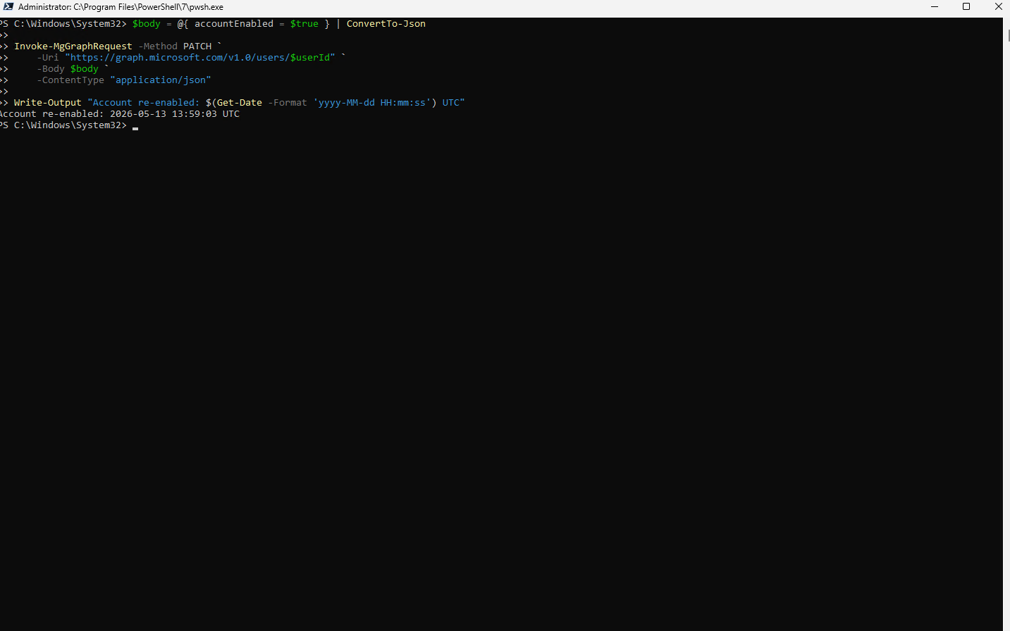 Account re-enabled via Graph API