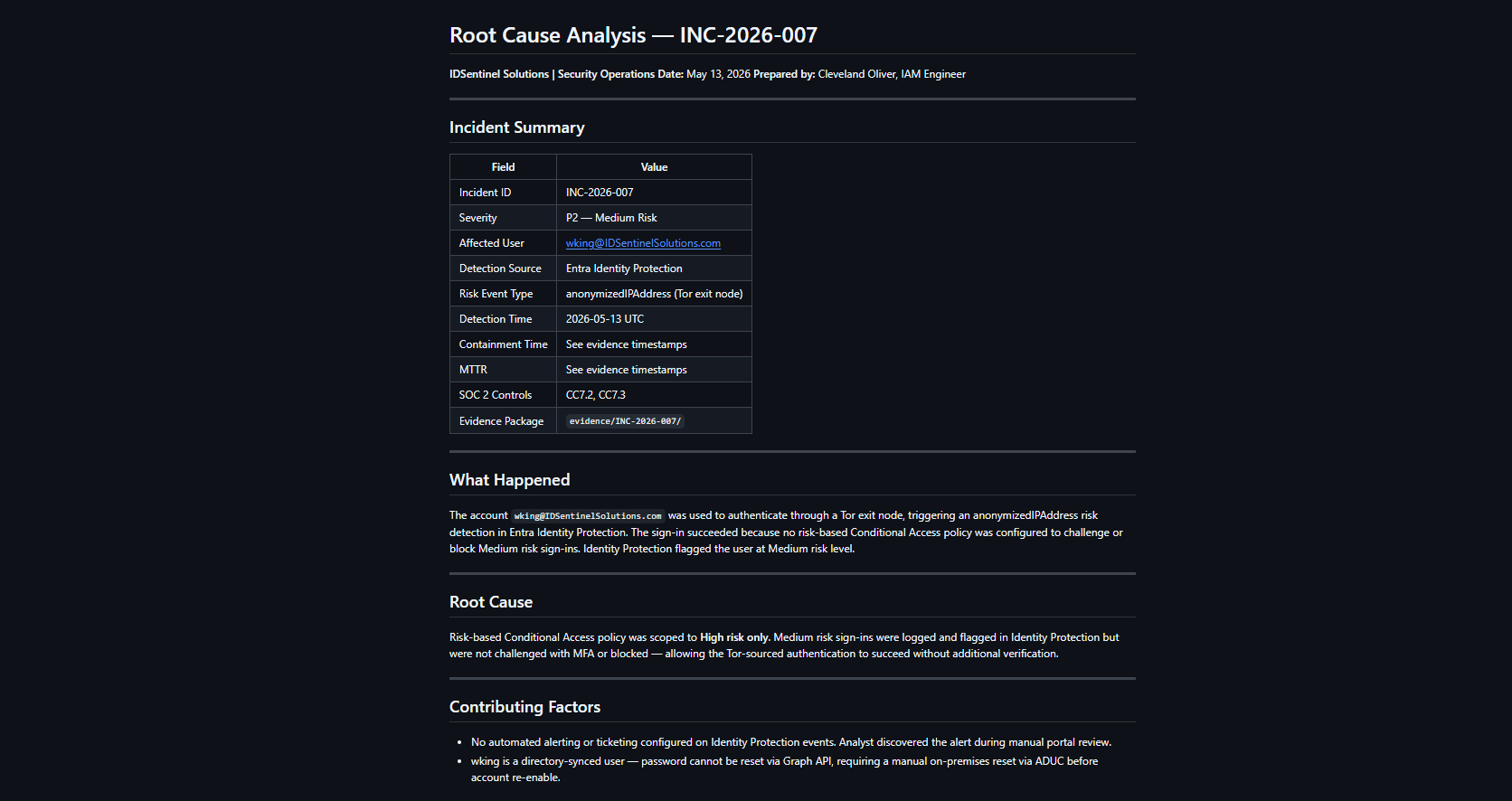 RCA filed as SOC 2 CC7.2/CC7.3 evidence