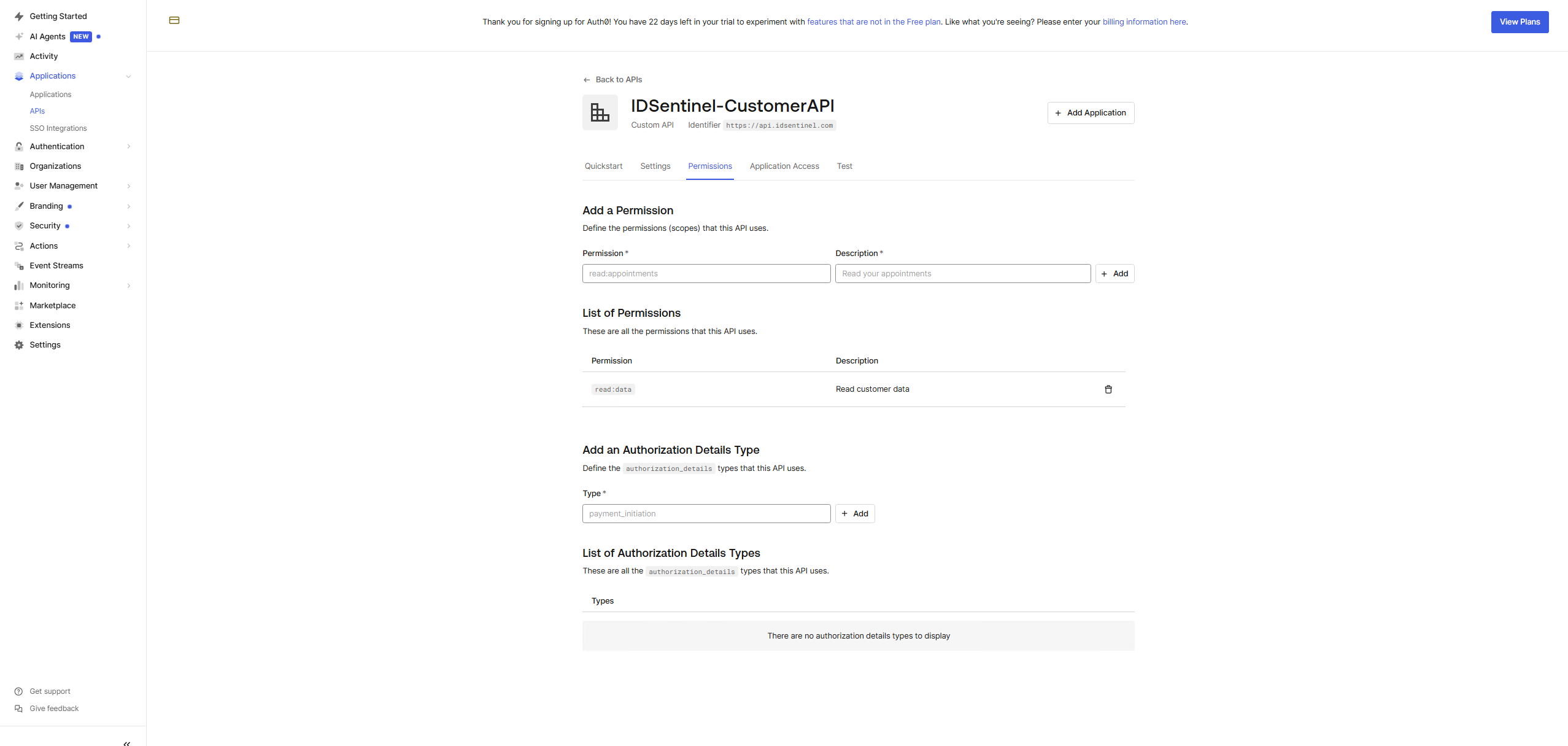 Protected API registered with read:data scope