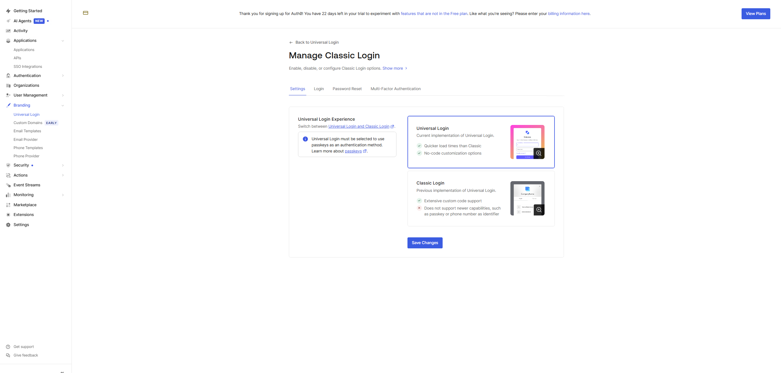 Universal Login configured — new experience enabled