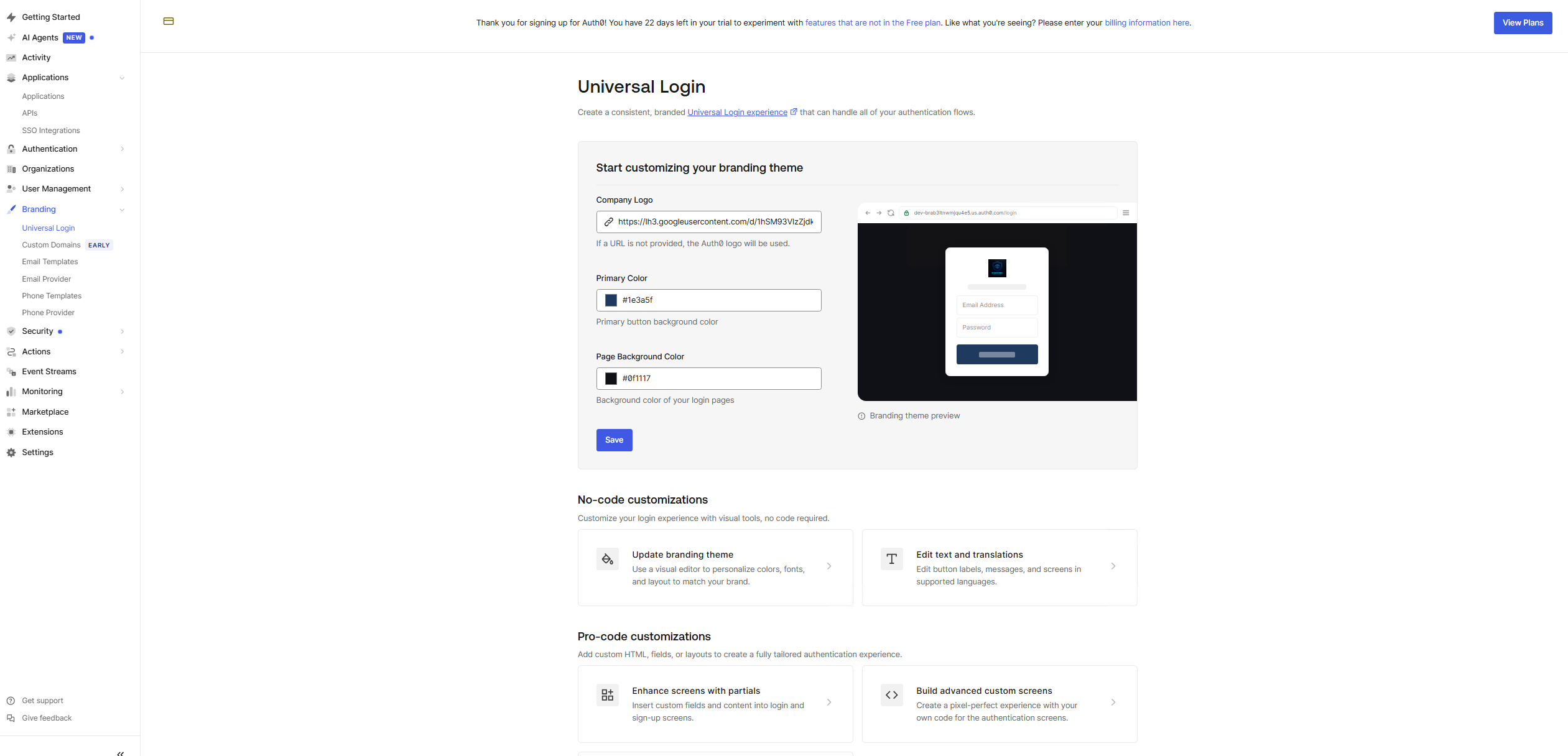 IDSentinel branding applied to Universal Login