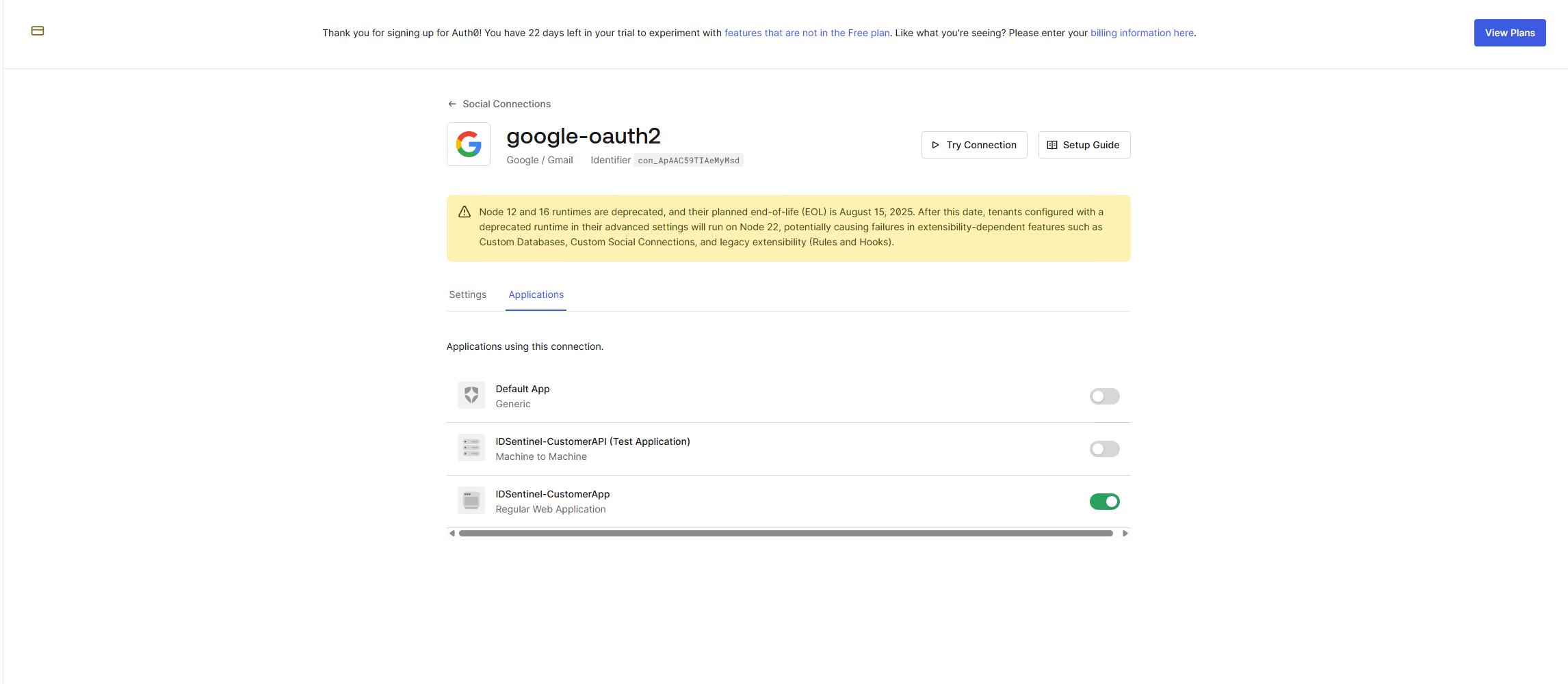 Google social connection enabled in Auth0