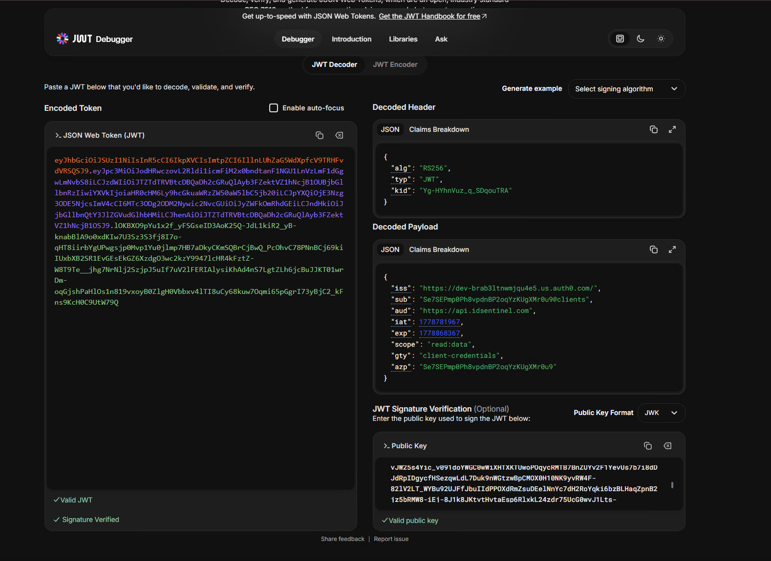 JWT decoded at jwt.io — all claims confirmed