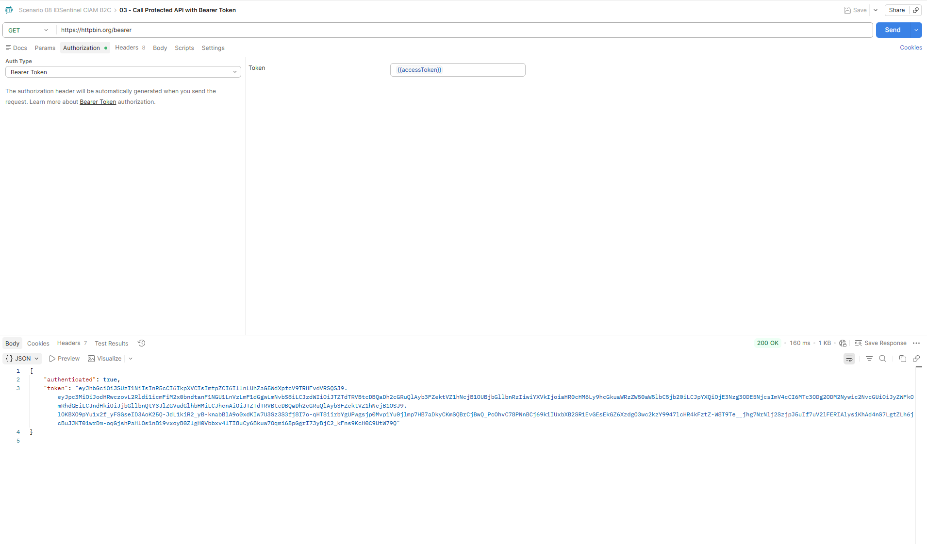 Protected API — authenticated: true with Bearer token, 401 without