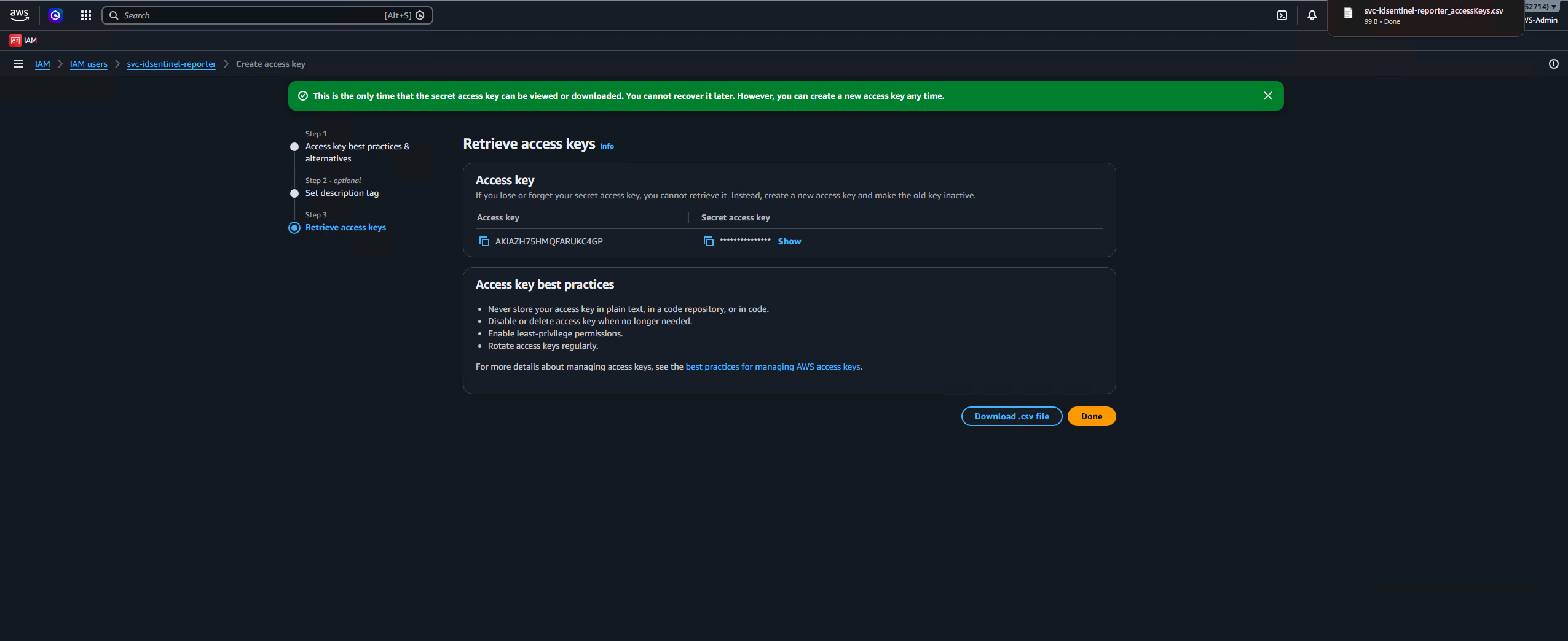 Access key created for programmatic access