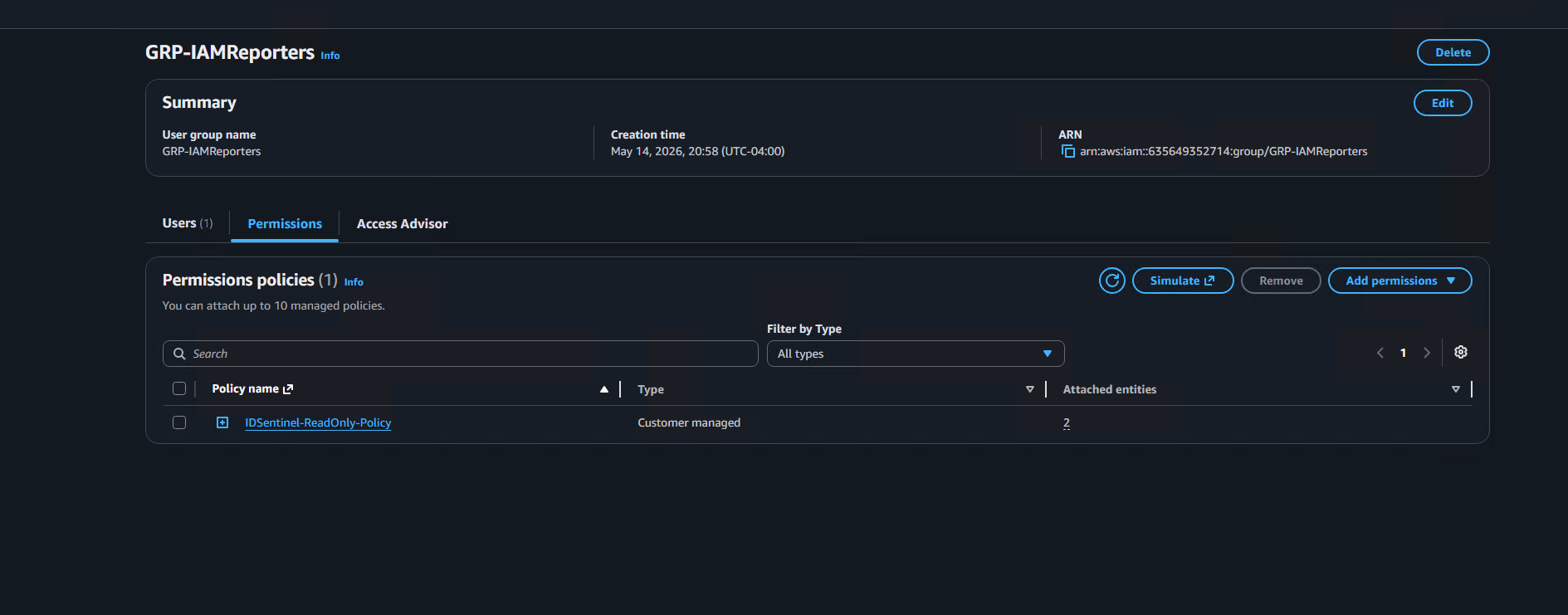 IDSentinel-ReadOnly-Policy attached to GRP-IAMReporters