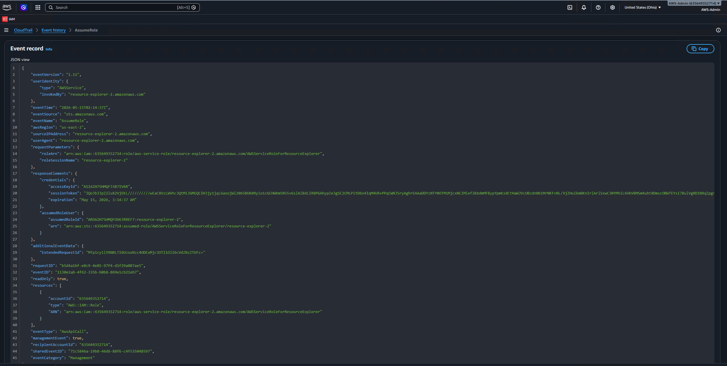 CloudTrail event JSON — full session metadata