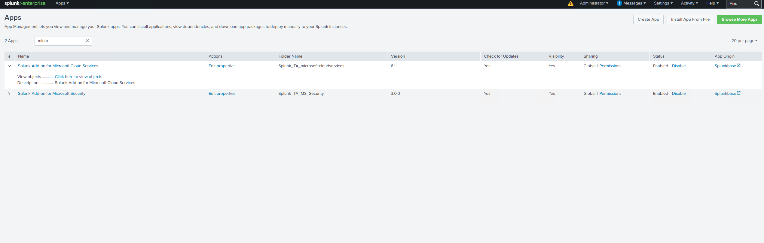 Splunk Add-on for Microsoft Security installed