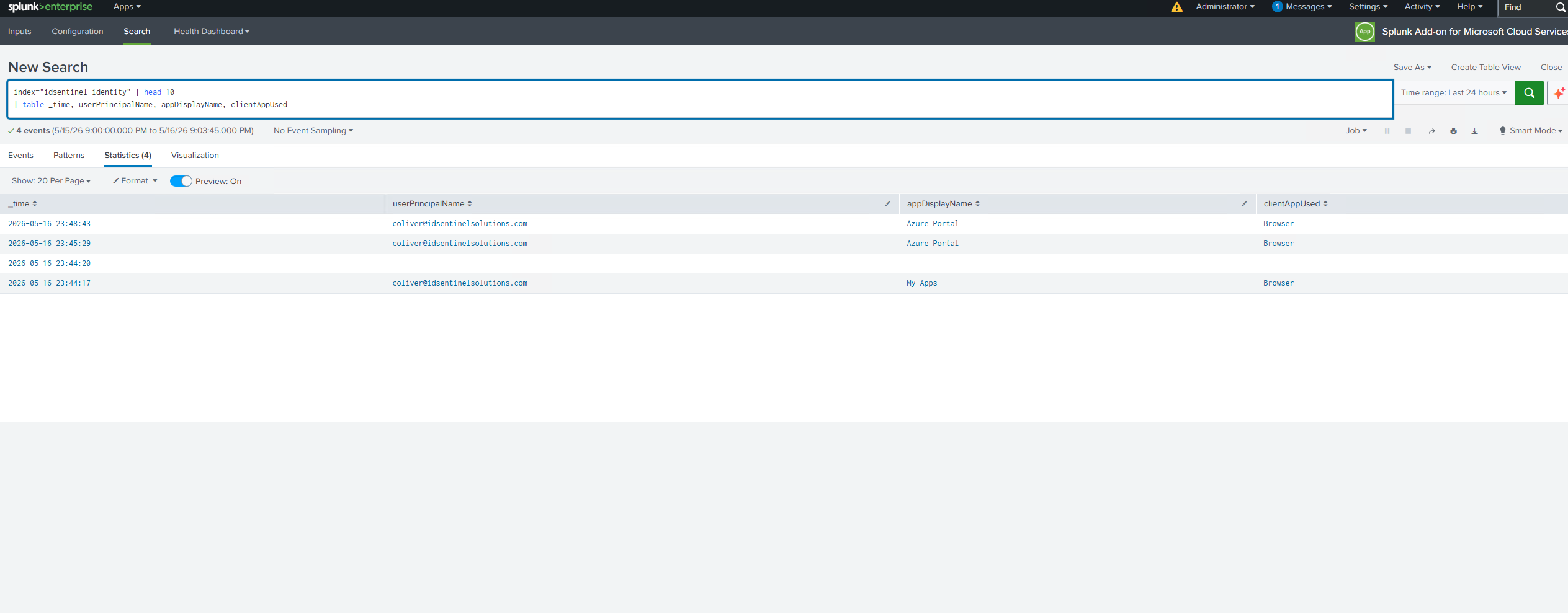Ingestion confirmed — events in idsentinel_identity index