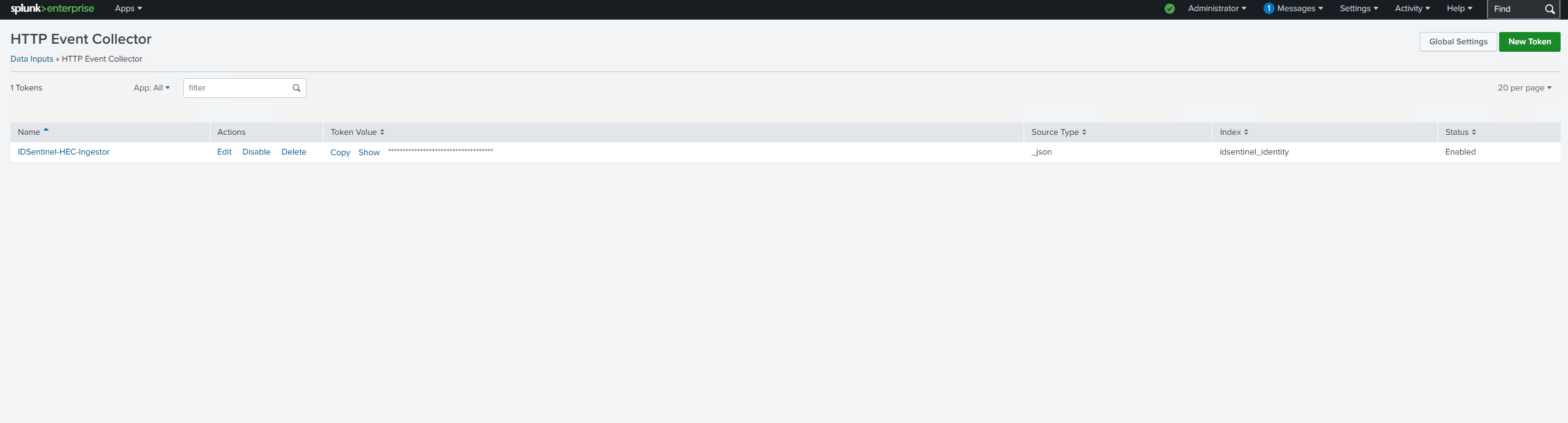 HEC token created in Splunk Enterprise