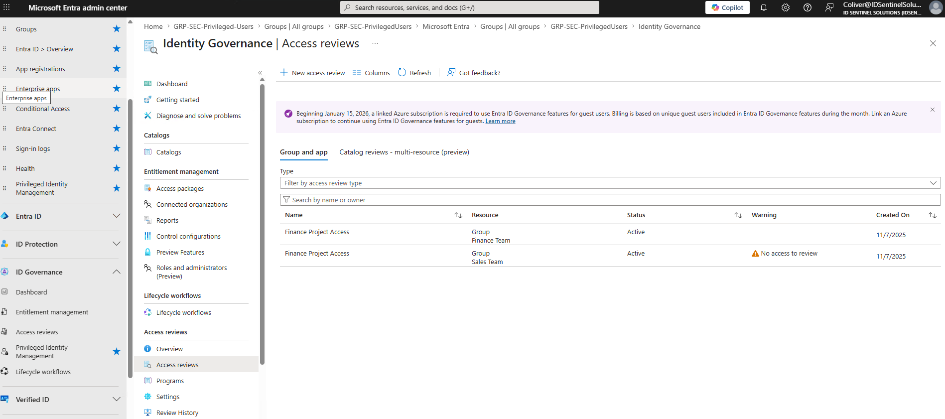Access Reviews portal — new review initiated