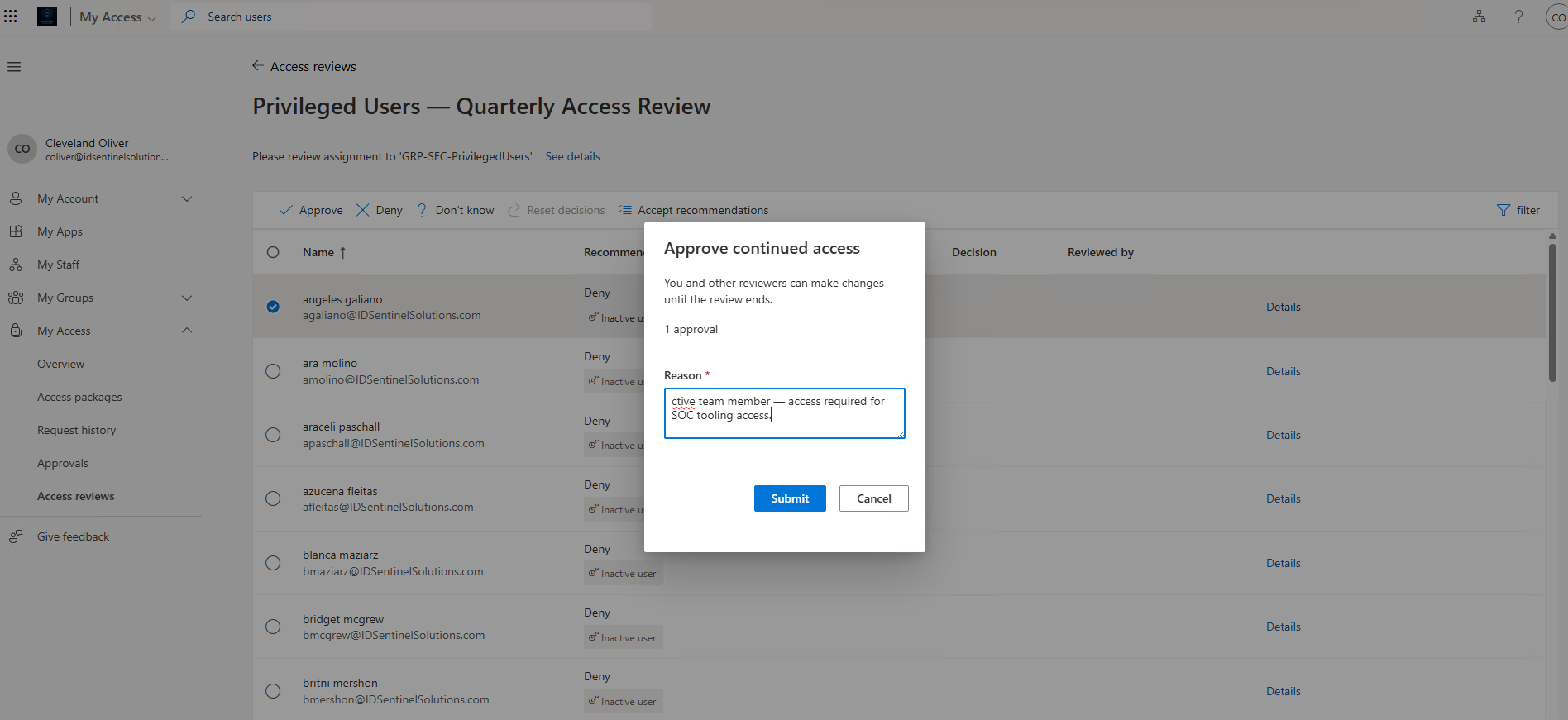 MyAccess portal — approval decision with justification