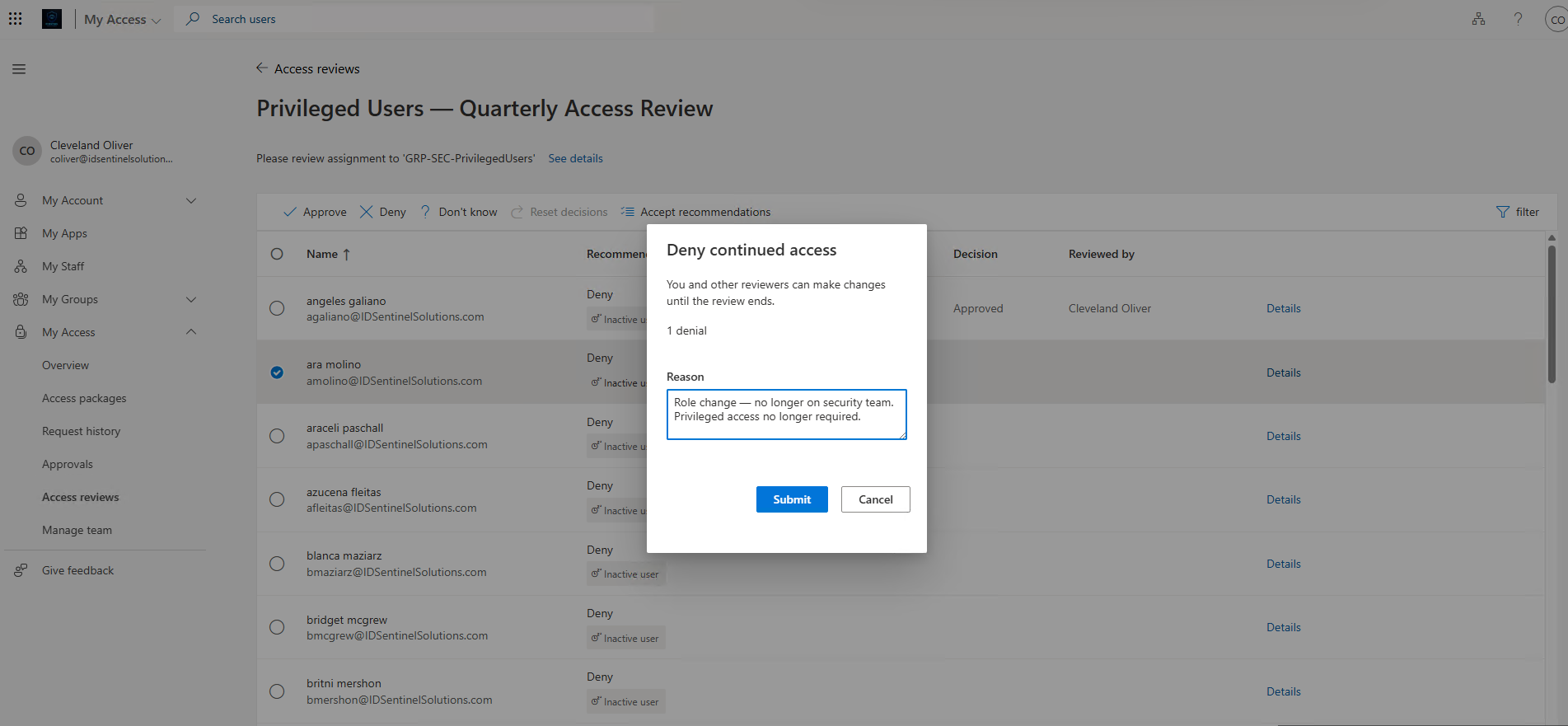 MyAccess portal — denial decision with justification