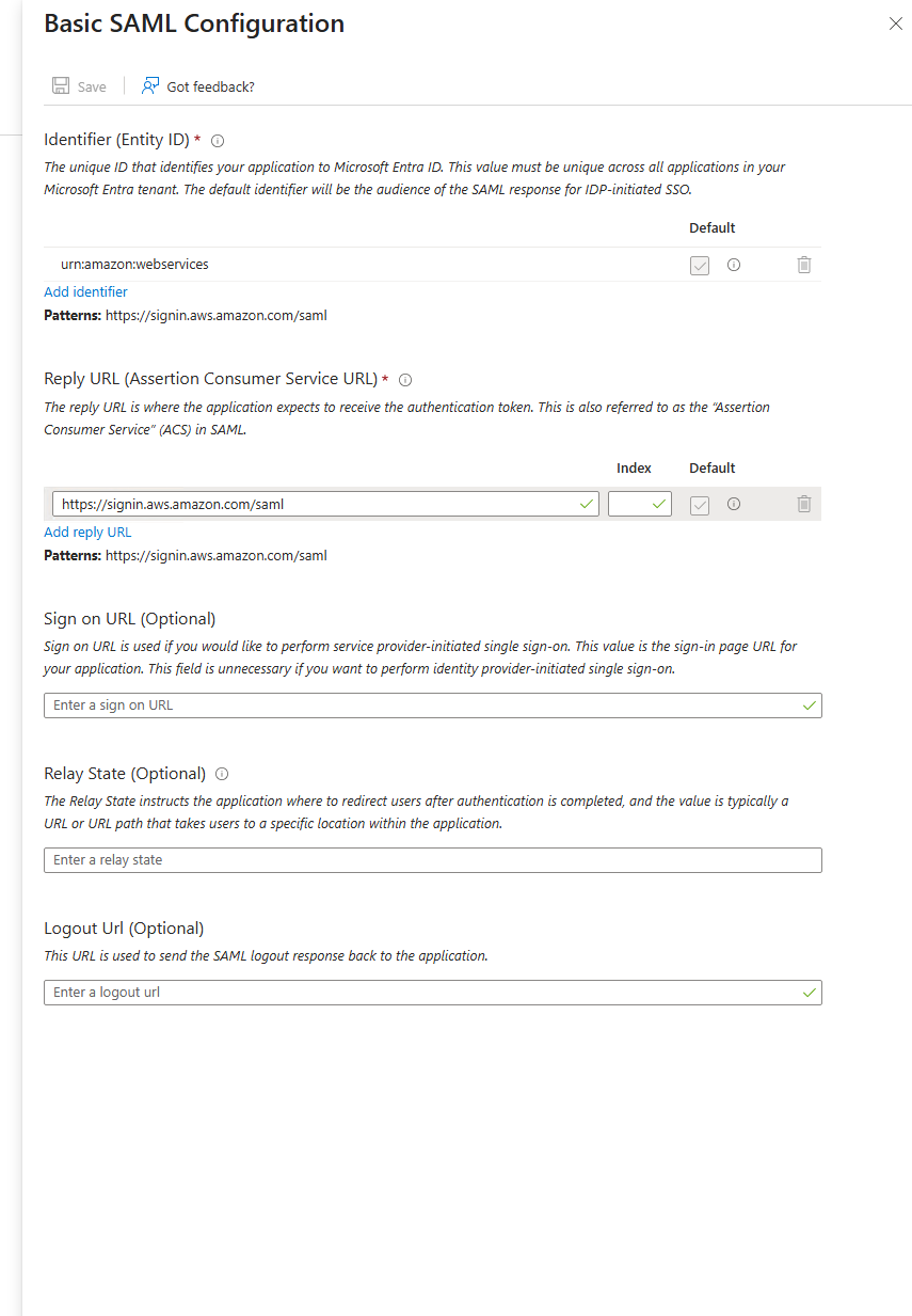Basic SAML config — entity ID and ACS URL populated