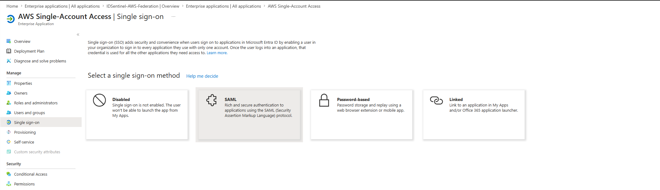 SAML selected as SSO method
