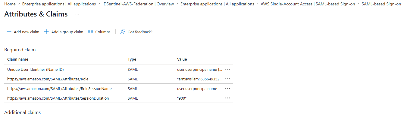 Role claim configured — RoleARN,IdPARN format