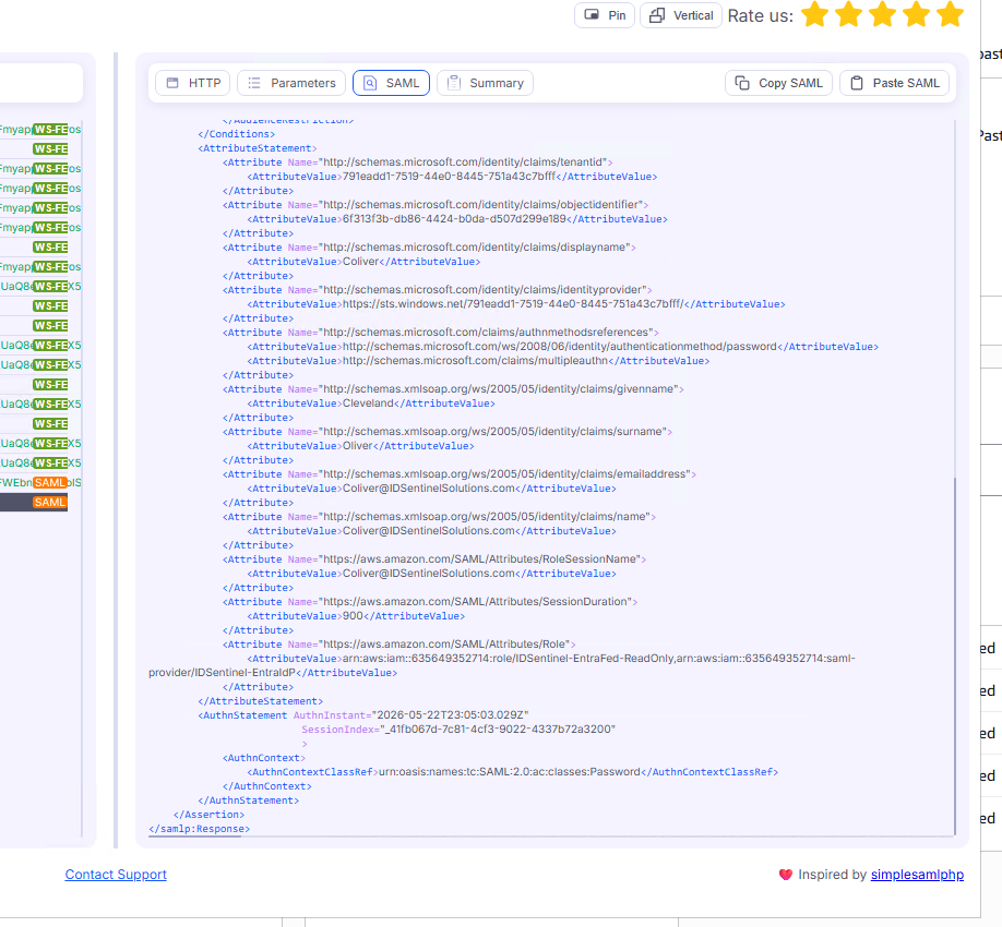 SAML Tracer — clean assertion with NameID, Role, RoleSessionName confirmed
