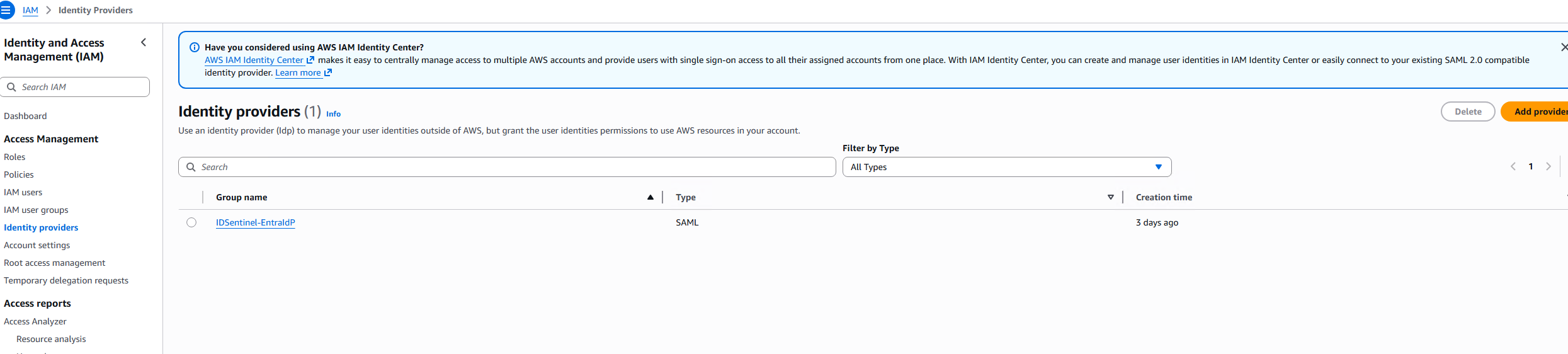 AWS IAM Identity Provider — IDSentinel-EntraIdP created