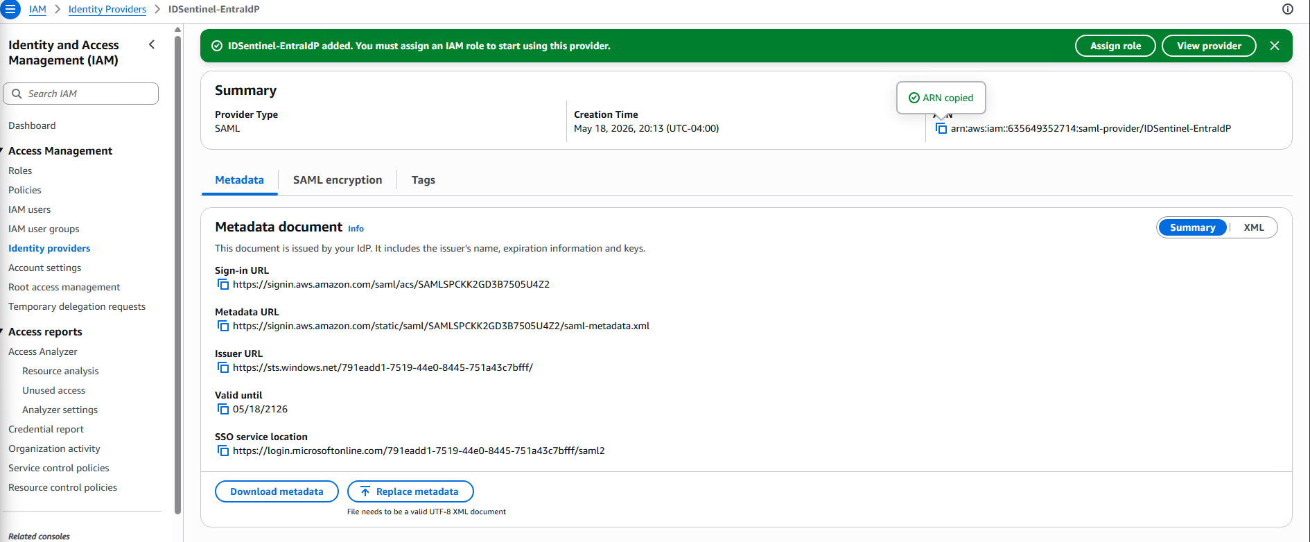 Entra federation metadata XML uploaded to AWS