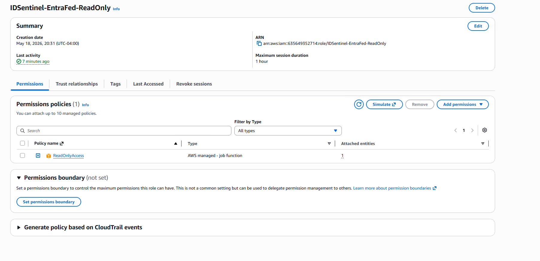 ReadOnlyAccess managed policy attached