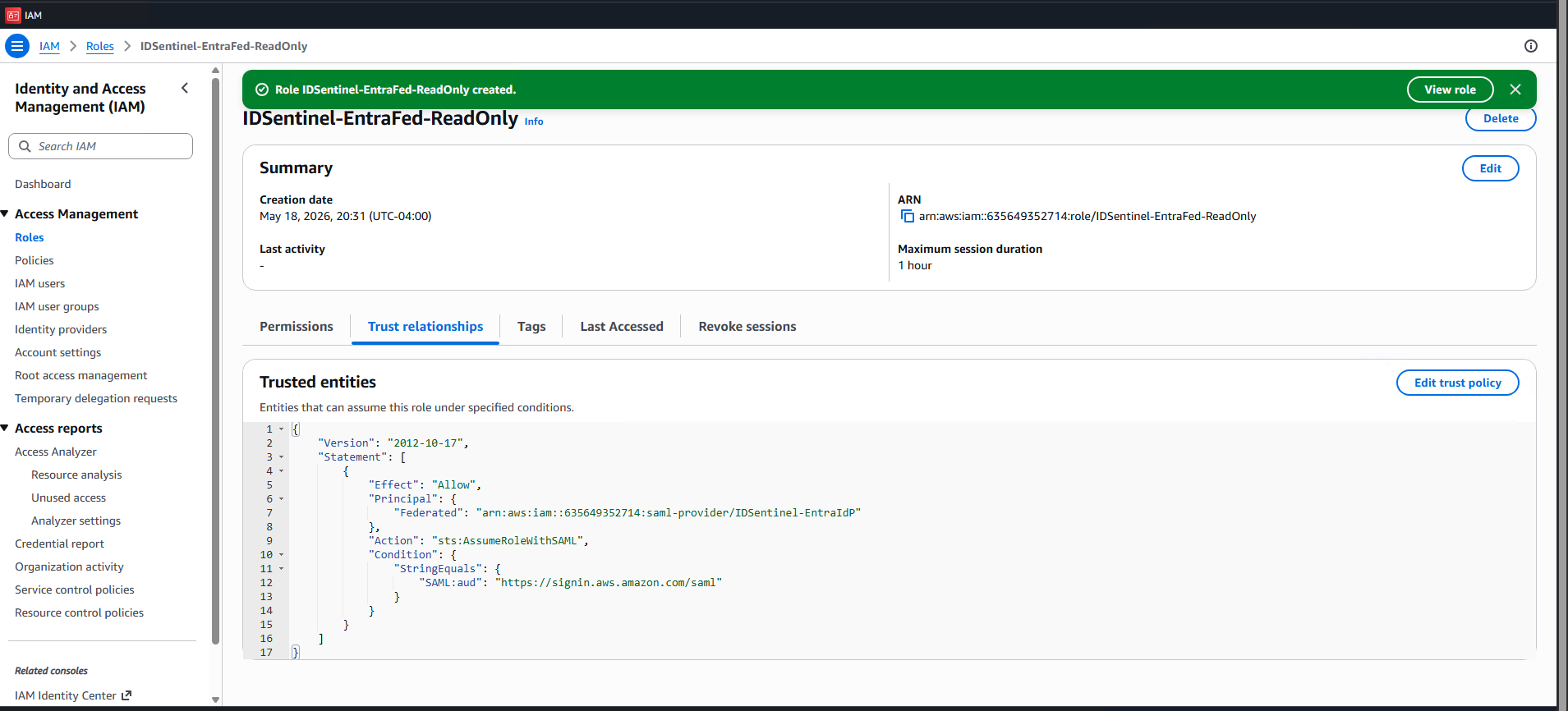 IDSentinel-EntraFed-ReadOnly role summary