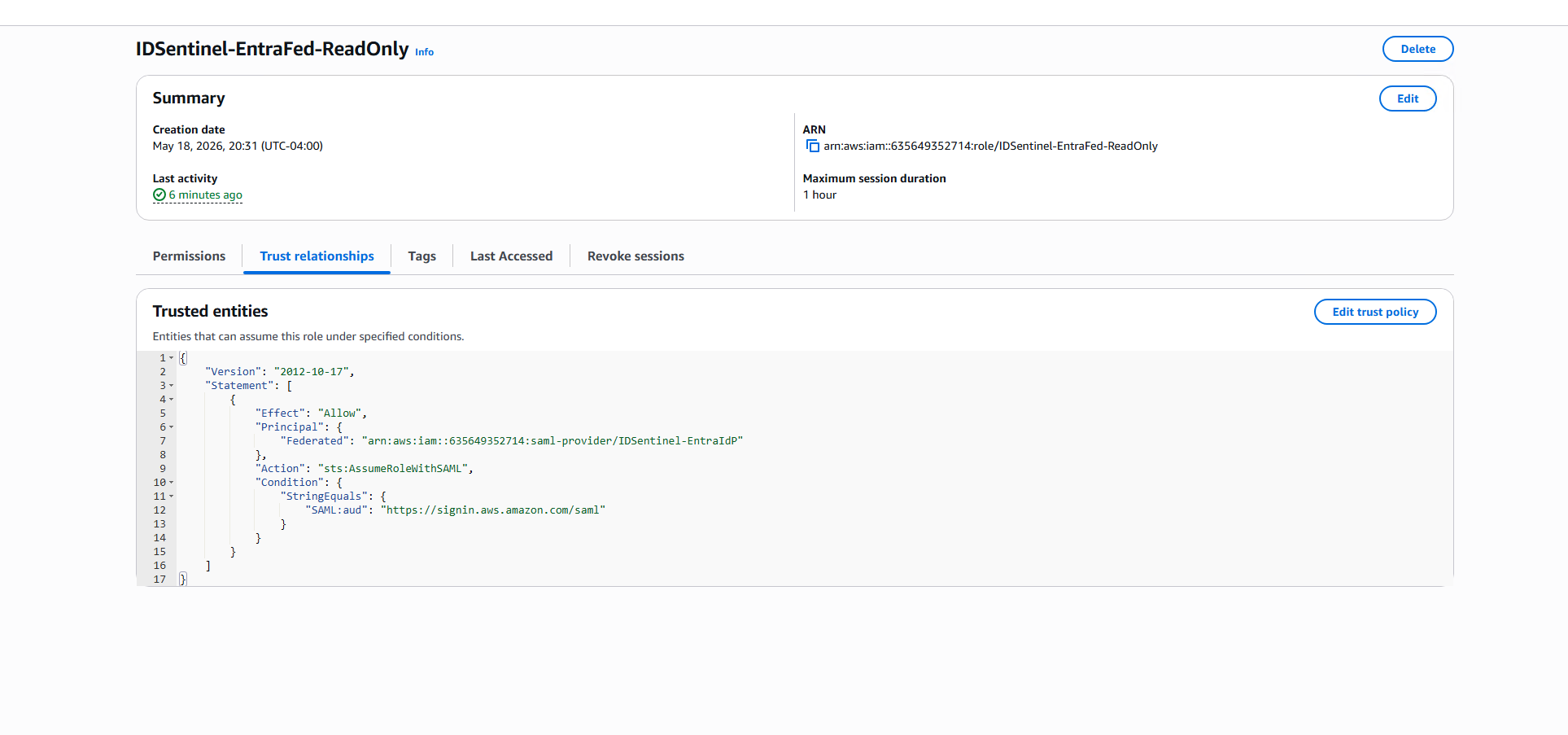 Trust policy with SAML:aud condition