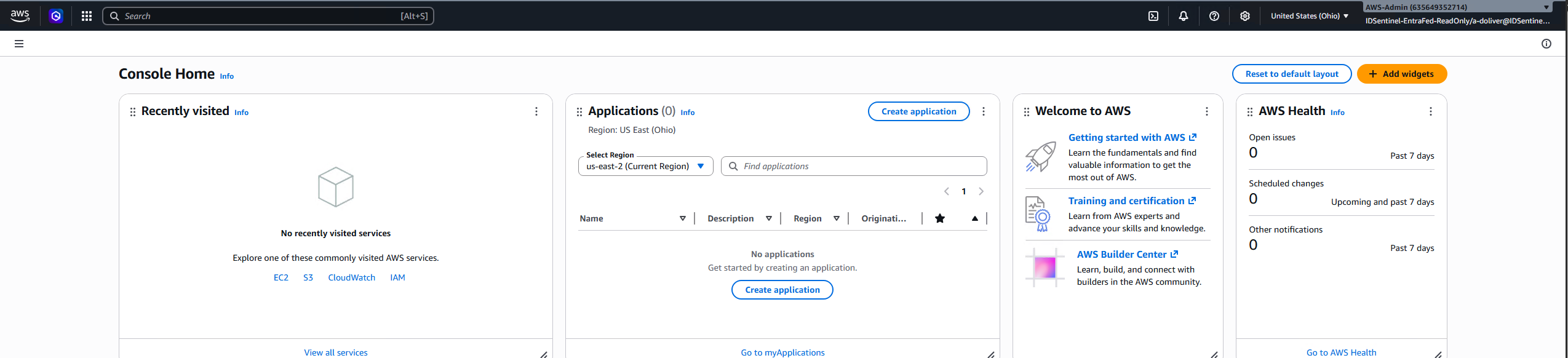 AWS Console loaded via federated SAML — no IAM credentials