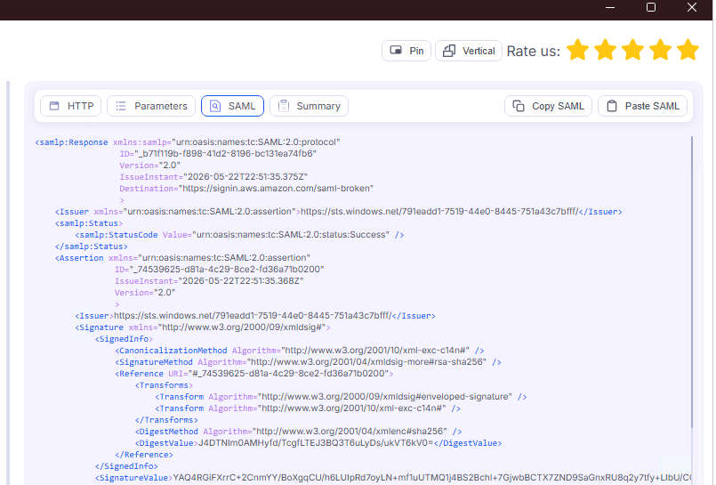 Break 1 — SAML Tracer confirms Destination mismatch