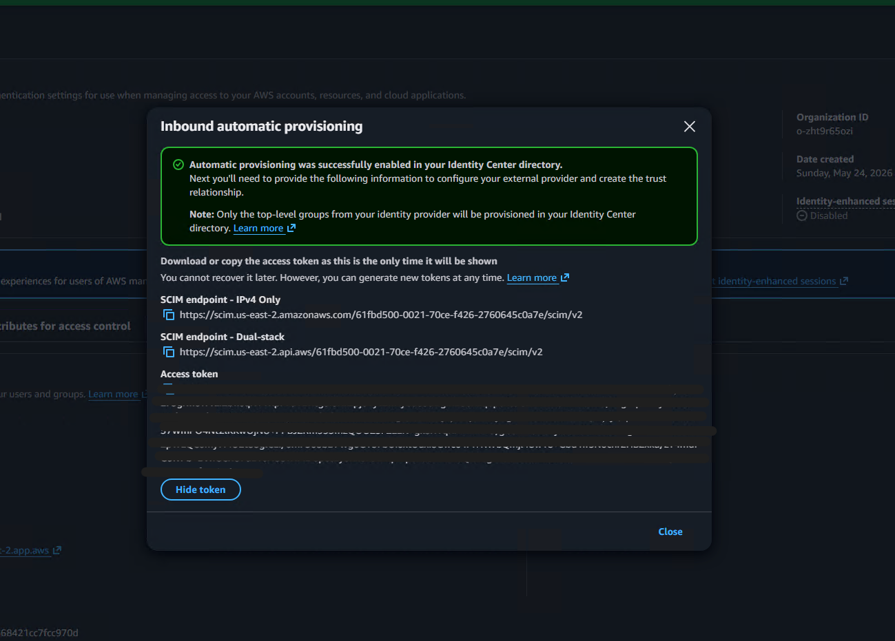 SCIM endpoint URL and bearer token generated
