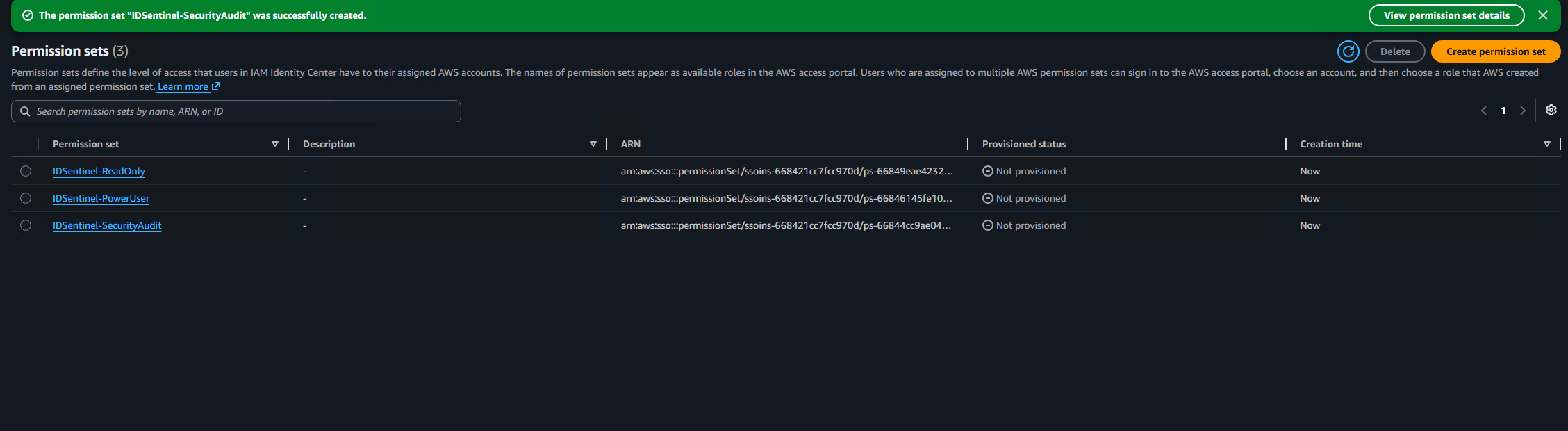 Three permission sets created — ReadOnly, PowerUser, SecurityAudit