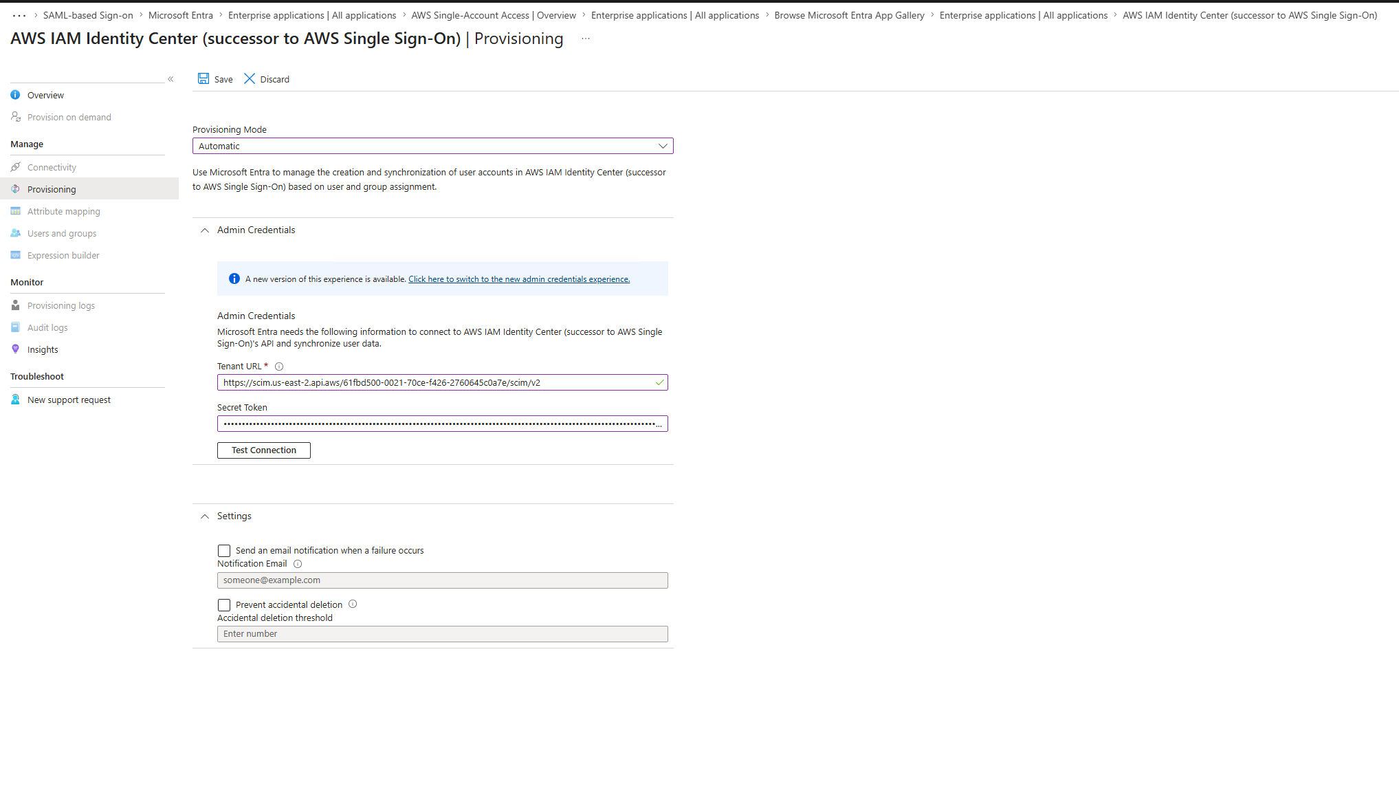 SCIM Tenant URL and Secret Token configured