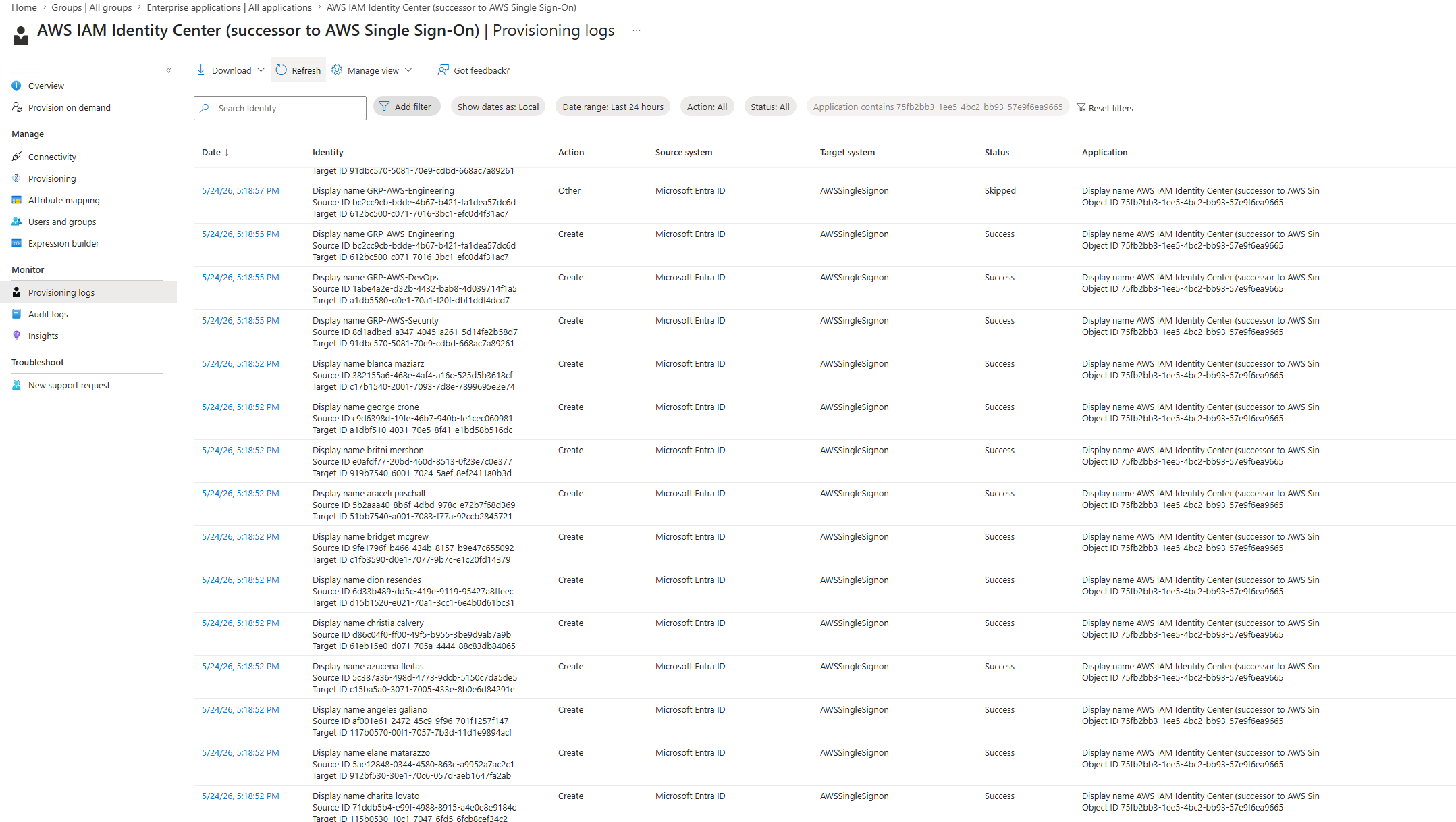 Provisioning logs — 17 users, 3 groups, zero errors