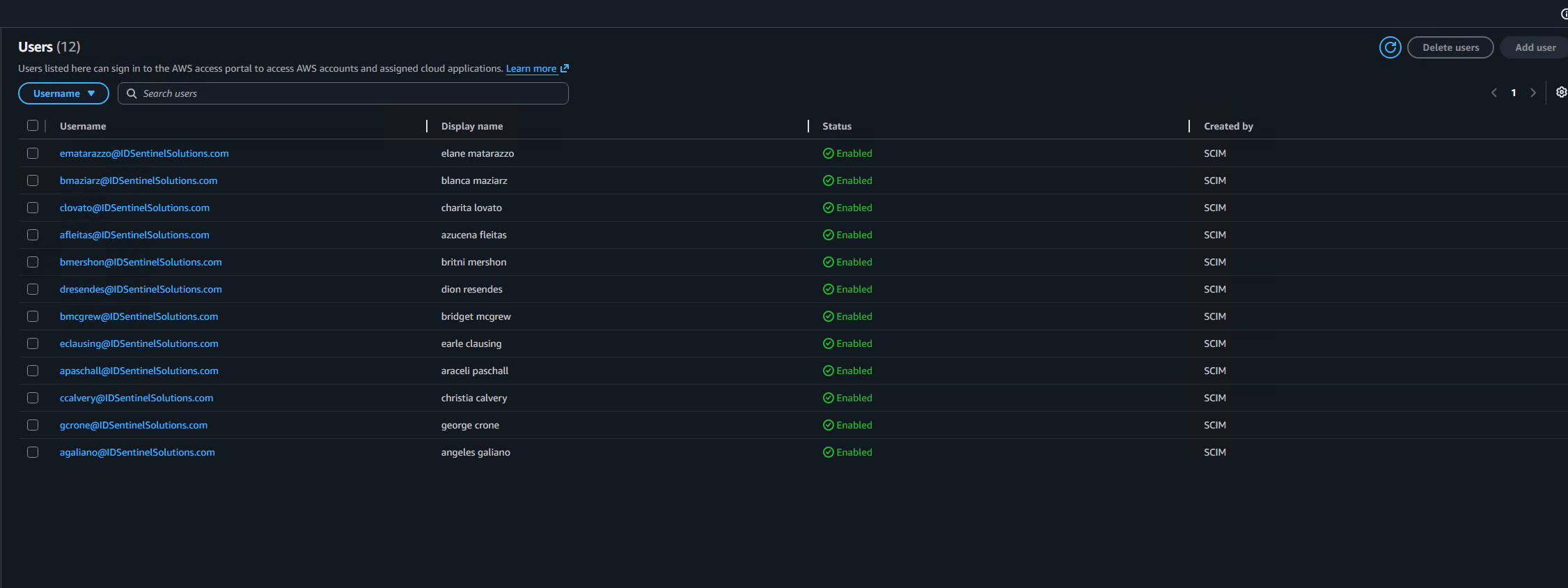 Users confirmed in AWS IAM Identity Center — Created by SCIM