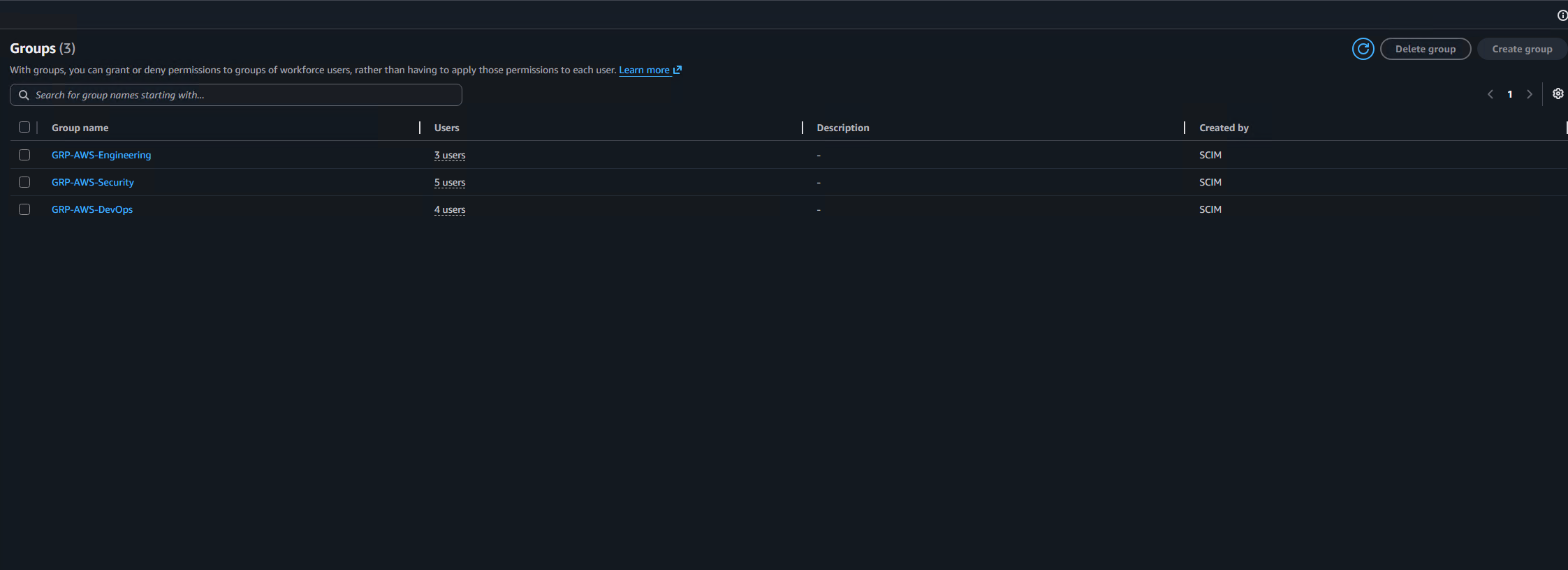 Groups confirmed in AWS IAM Identity Center — GRP-AWS-Engineering, DevOps, Security
