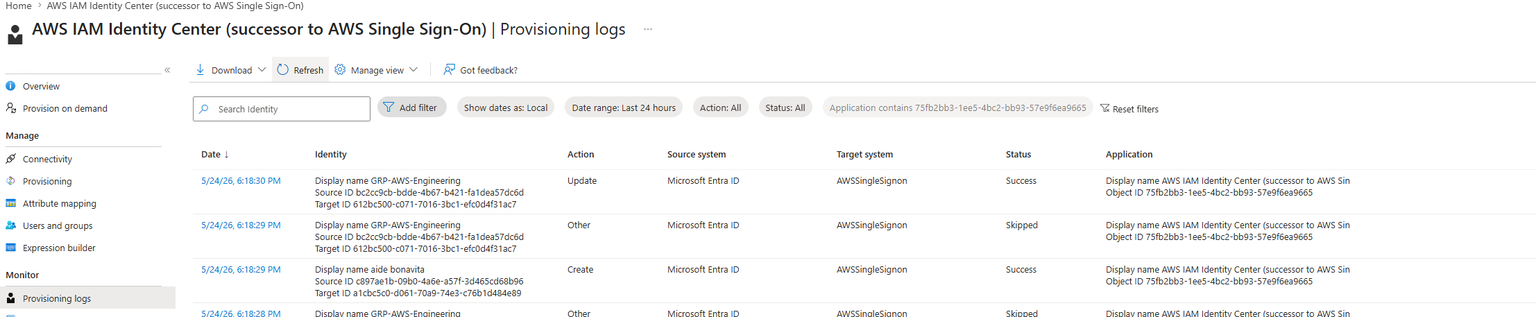 Joiner — provisioning log confirms user created in AWS