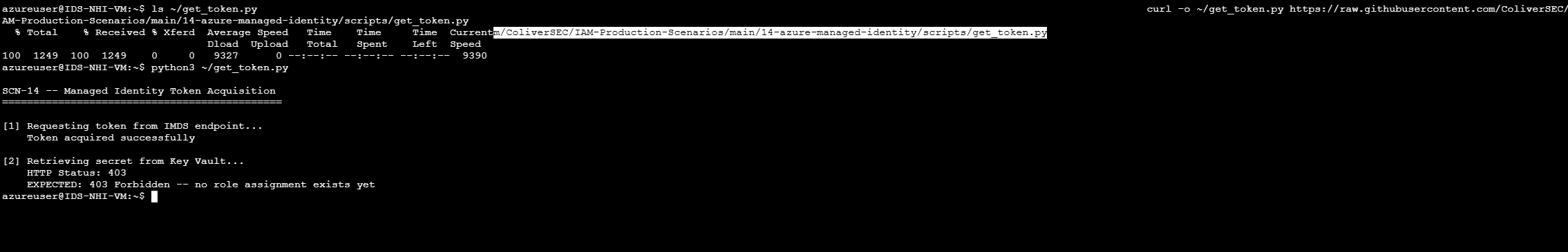 Token acquired via IMDS — HTTP 403 on Key Vault retrieval before role assignment