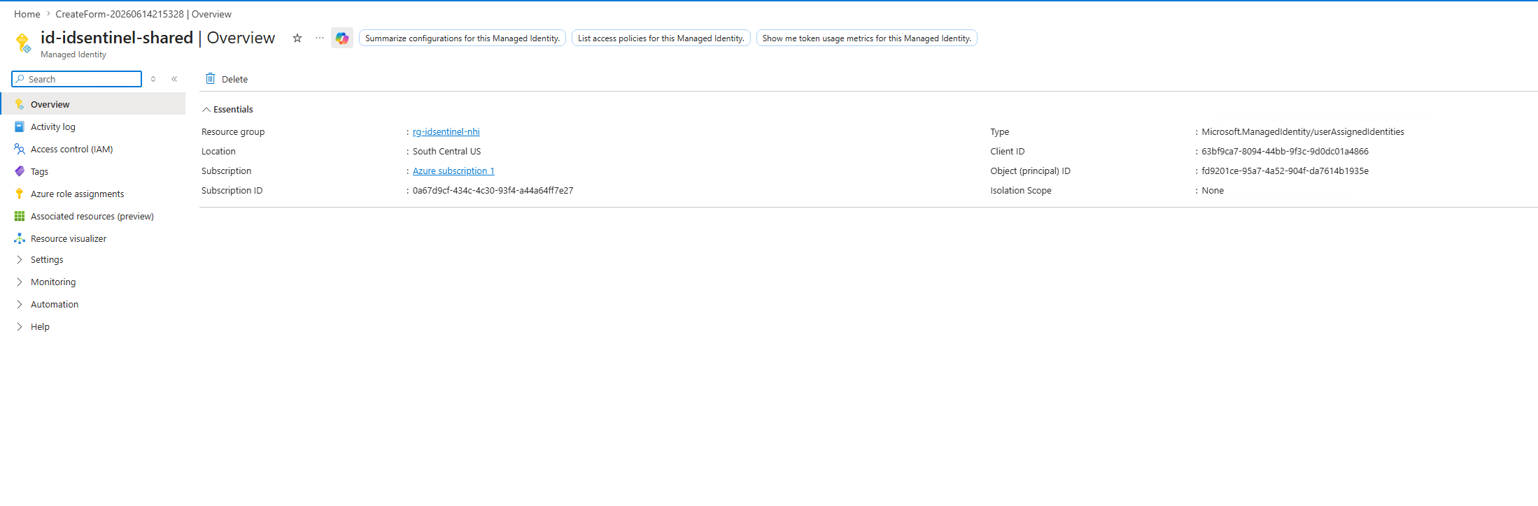 User-assigned managed identity id-idsentinel-shared — standalone Entra ID principal